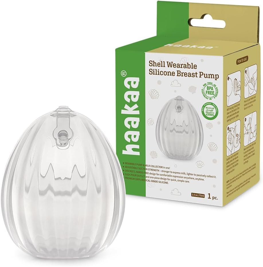 HAAKAA Shell Wearable Hands-Free Manual Breast Pump/Milk Collector (2.5 oz/75 ml, 4 oz/120 ml) – Medical-Grade Silicone – Compact, Portable & Discreet – Leak-Proof Valve
