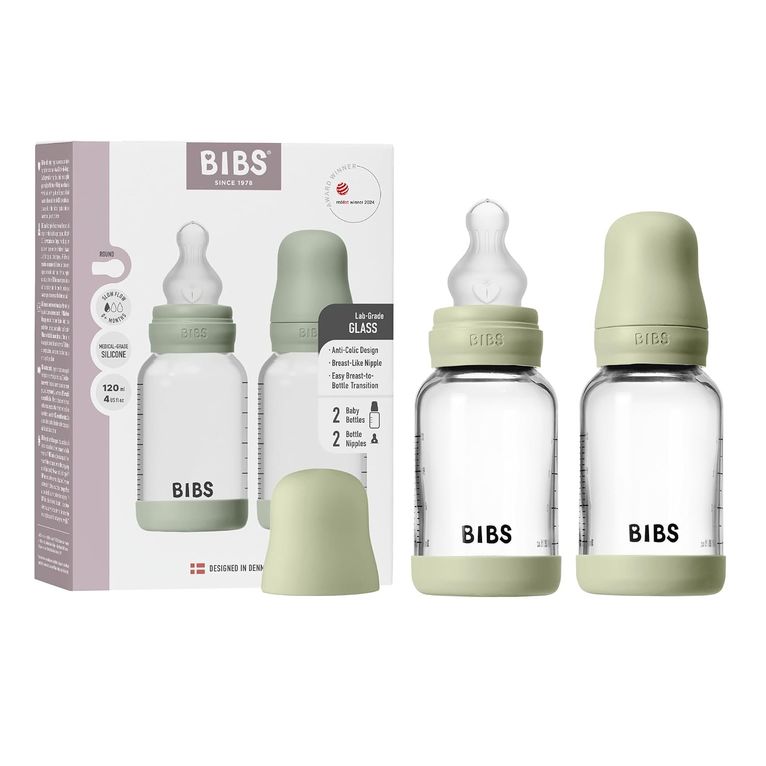 BIBS Glass Baby Bottles 2-Pack, 4 Oz. Anti-Colic System for Gas Reduction. Vented Round Silicone Nipple. Supports Infant and Newborn Breastfeeding – 120 ml (Pack of 2), Sage