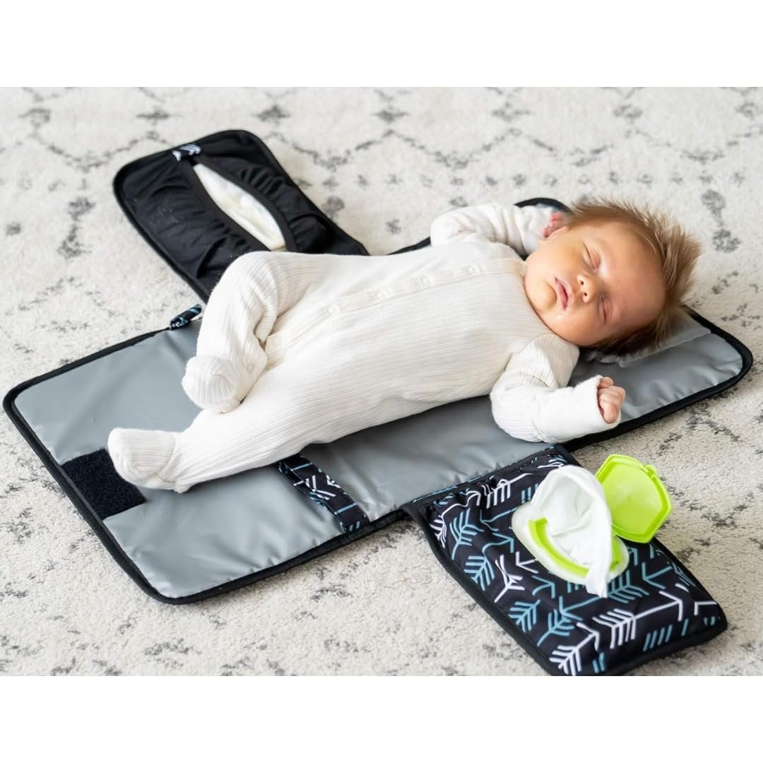Portable Diaper Changing Pad, Portable Changing pad for Newborn Girl & Boy – Baby Changing Pad with Smart Wipes Pocket – Waterproof Travel Changing Kit (Black Pattern)