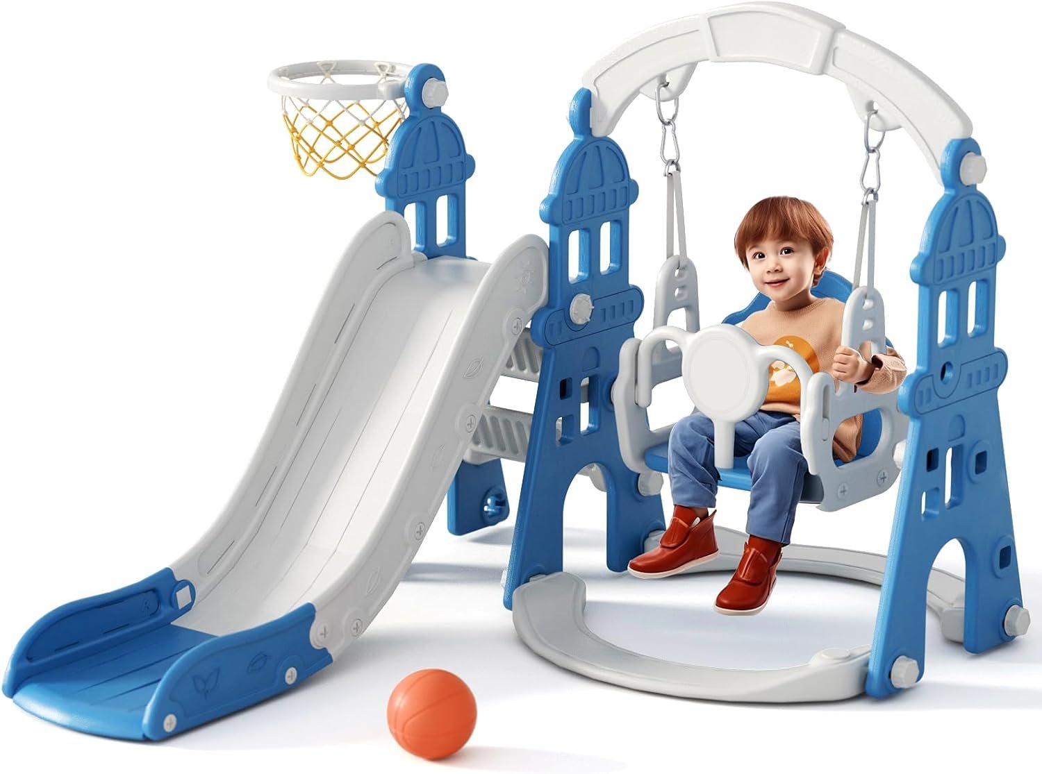 KORIMEFA 4-in-1 Kids Slide and Swing Set, Toddler Slide with Basketball Hoop, Swing, Outdoor Indoor Playground for Toddlers 1-3 (4 in1-Blue)