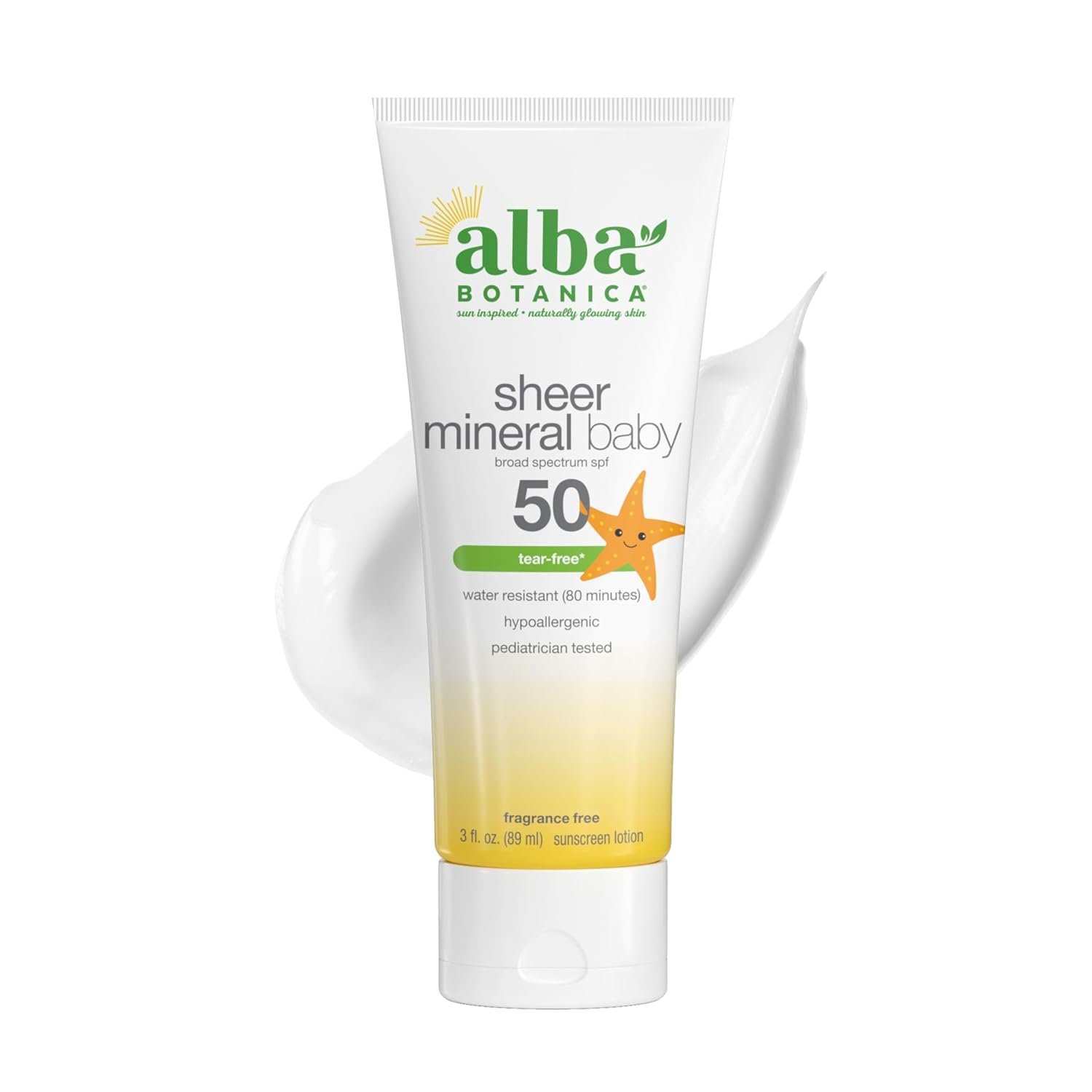 Alba Botanica Baby Sunscreen for Face and Body, Sheer Mineral Sunscreen Lotion, Broad Spectrum SPF 50, Water Resistant and Fragrance-Free, 3 Fl Oz (Packaging May Vary)
