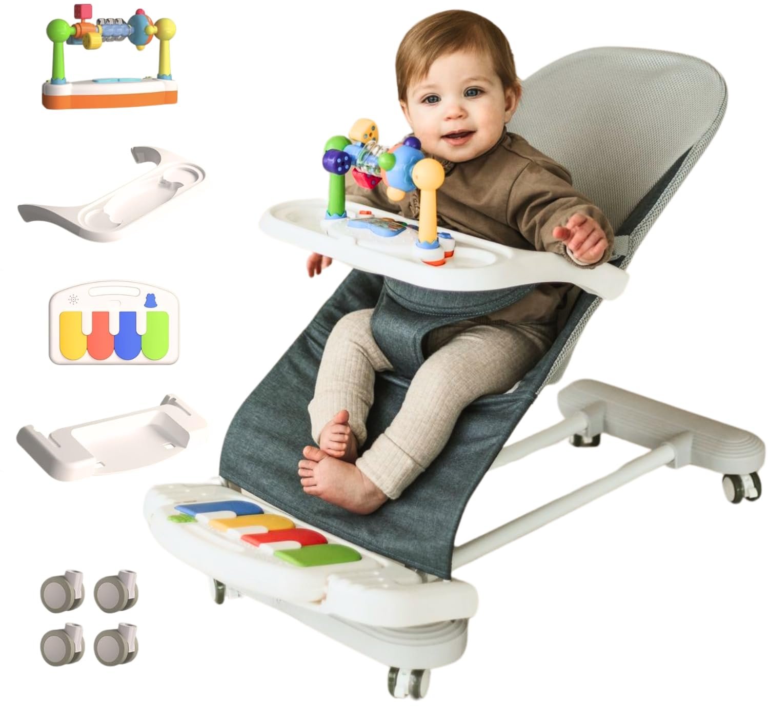 CuddoBaby Baby Bouncer 4-in-1 on Wheels, Detachable Pianos, Feeding Tray, 3-Level Recline Foldable Seat with Play Bar for Infant to Toddler 0-6, 0-12, 12-24 Months, Boy Gift Idea – Blue