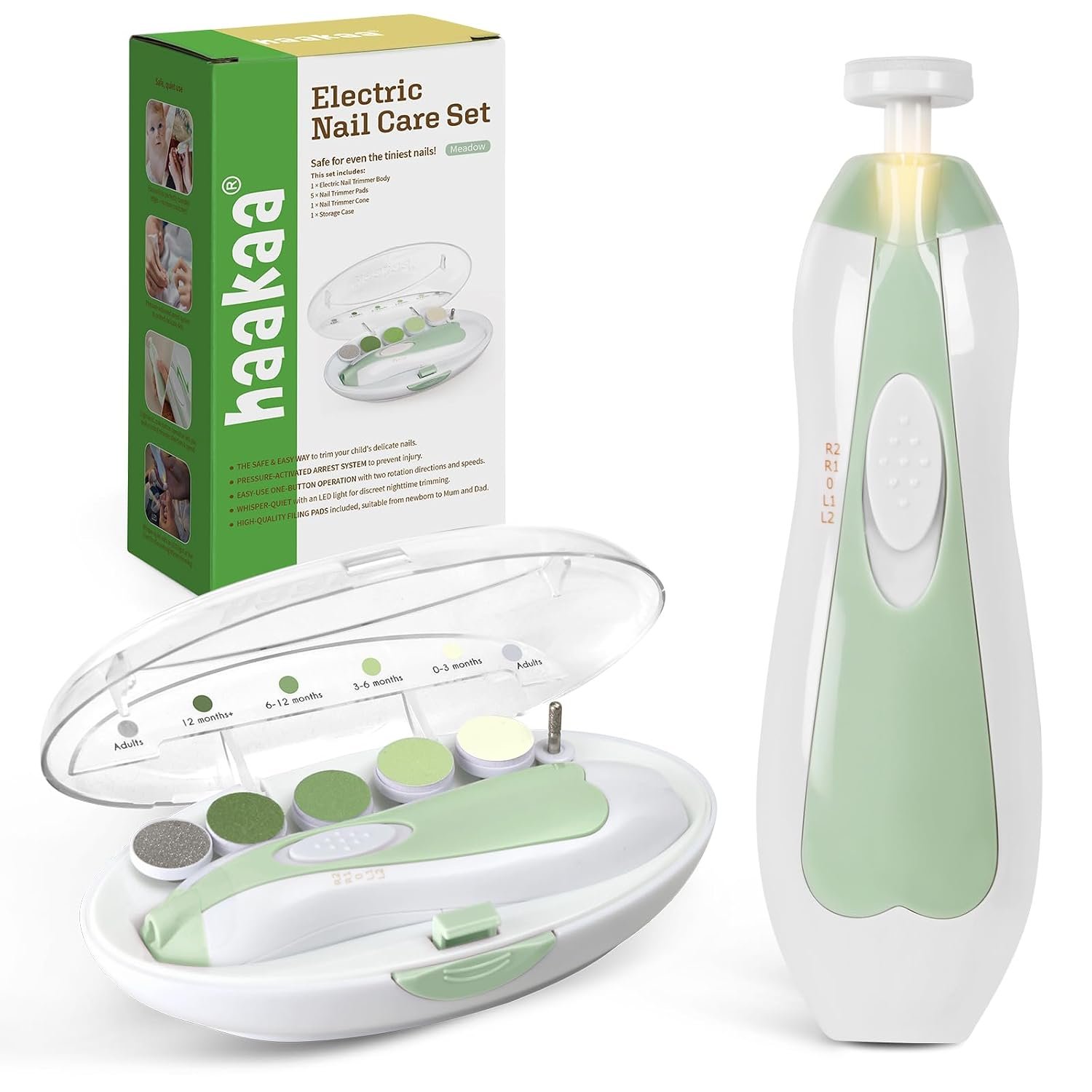 haakaa Baby Nail File Electric Baby Nail Care Set with LED Light, Baby Nail Clippers for Newborn/Infants/Adults Toenails and Fingernails, 6 Replacement Heads & Storage Case, Green