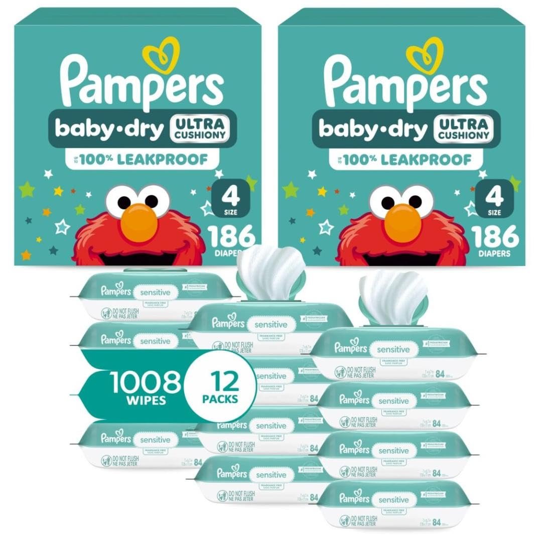 Pampers Baby Dry Disposable Baby Diapers Size 4, 2 Month Supply (2 x 186 Count) with Sensitive Water Based Baby Wipes 12X Multi Pack Pop-Top and Refill (1008 Count)