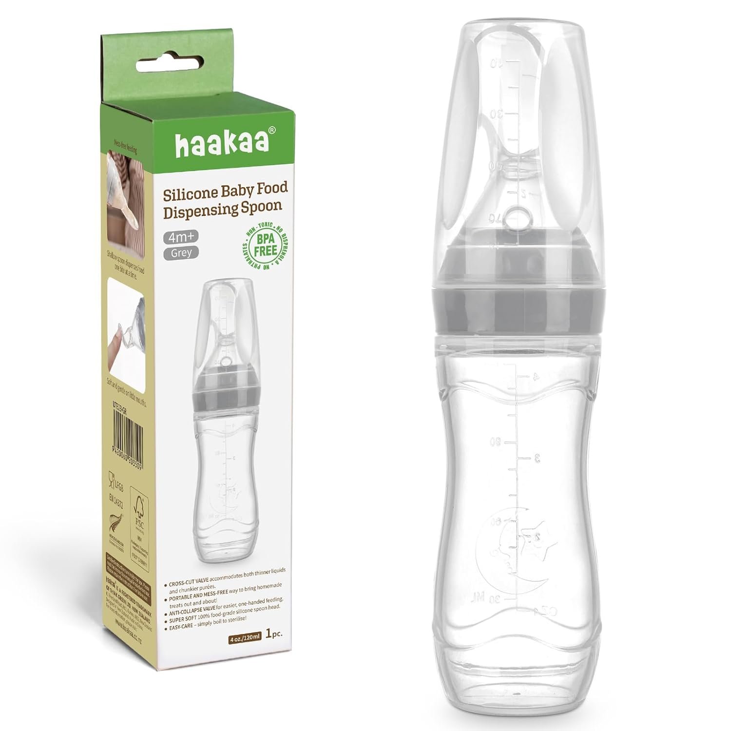 Haakaa Silicone Baby Food Dispensing Spoon Feeder 4oz – Infant Squeeze Cereal Feeder, Baby Fresh Food Feeder, Feed Bottle for Puree, Solid Baby Food, BPA Free, 4m+ Babies – Grey