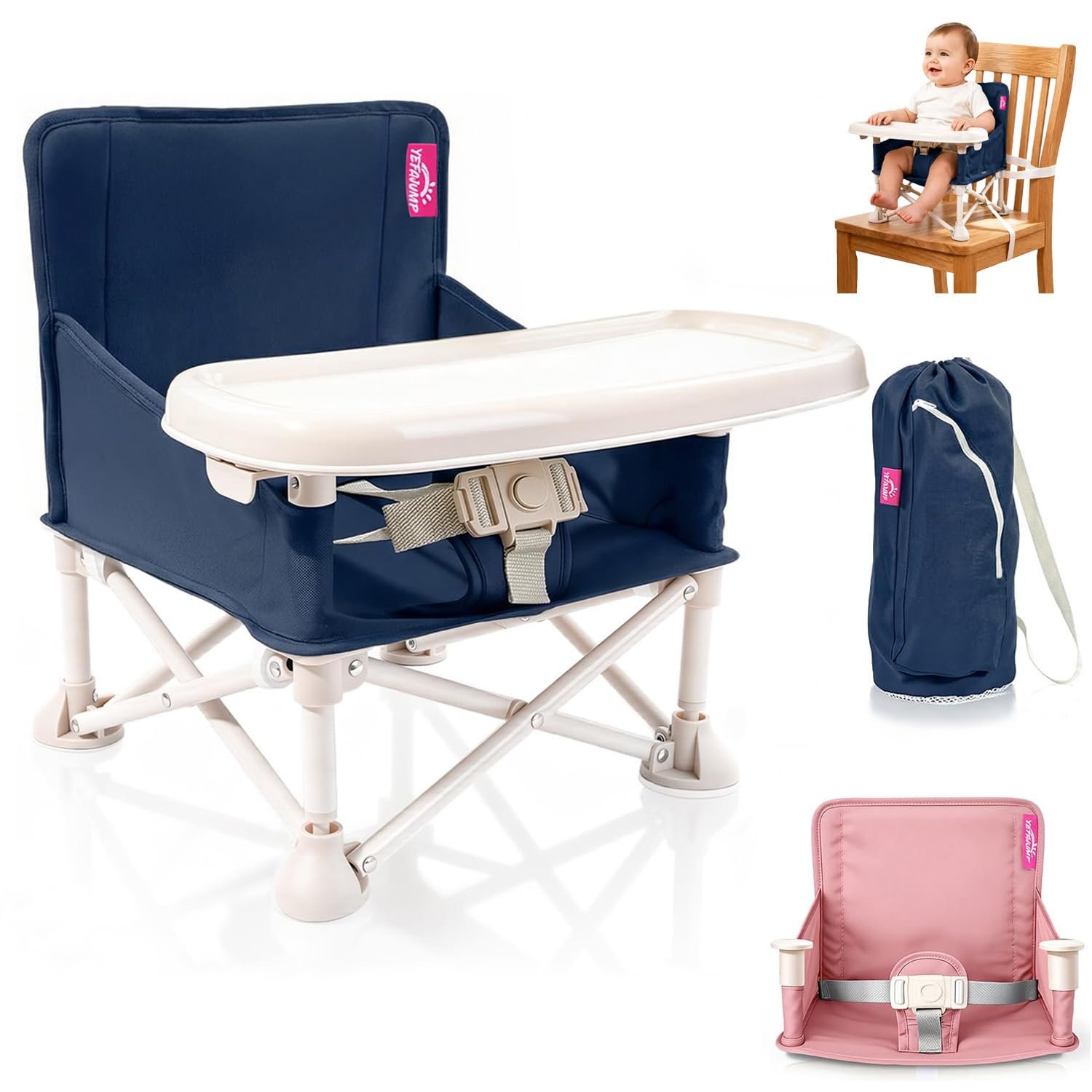 Portable Baby Chair, Baby Beach Chair with 2-Pack Interchangeable Seat Covers, Portable Booster Seat with Tray & Travel Bag, Compact Foldable, Easy-Swap Colors, Perfect for Travel