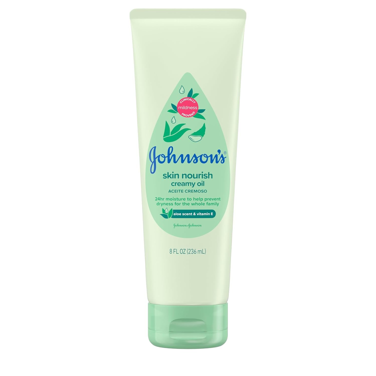 Johnson’s Skin Nourish Creamy Oil, Aloe Scent & Vitamin E, Creamy Oil Helps Prevent Dryness & Moisturizes Baby’s Delicate Skin for 24 Hours, Hypoallergenic & Non-Greasy, 8 fl. oz