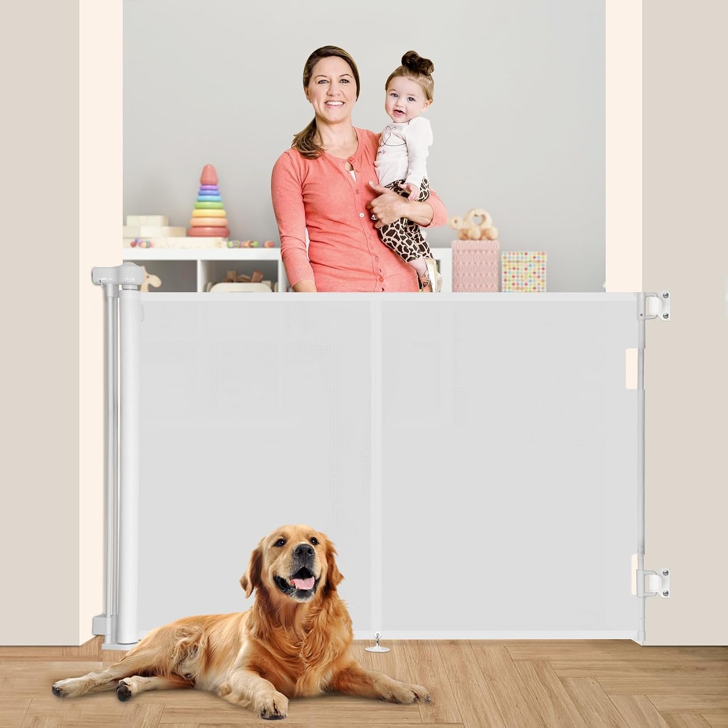 Miumoon 59 inch Retractable Baby Gates 42 inch Tall, Retractable Gate with Reinforced Strip Design to Prevent Crawling Through, 5 FT Retractable Dog Gate for Stairs, Doorways, Hallways, Indoor/Outdoor