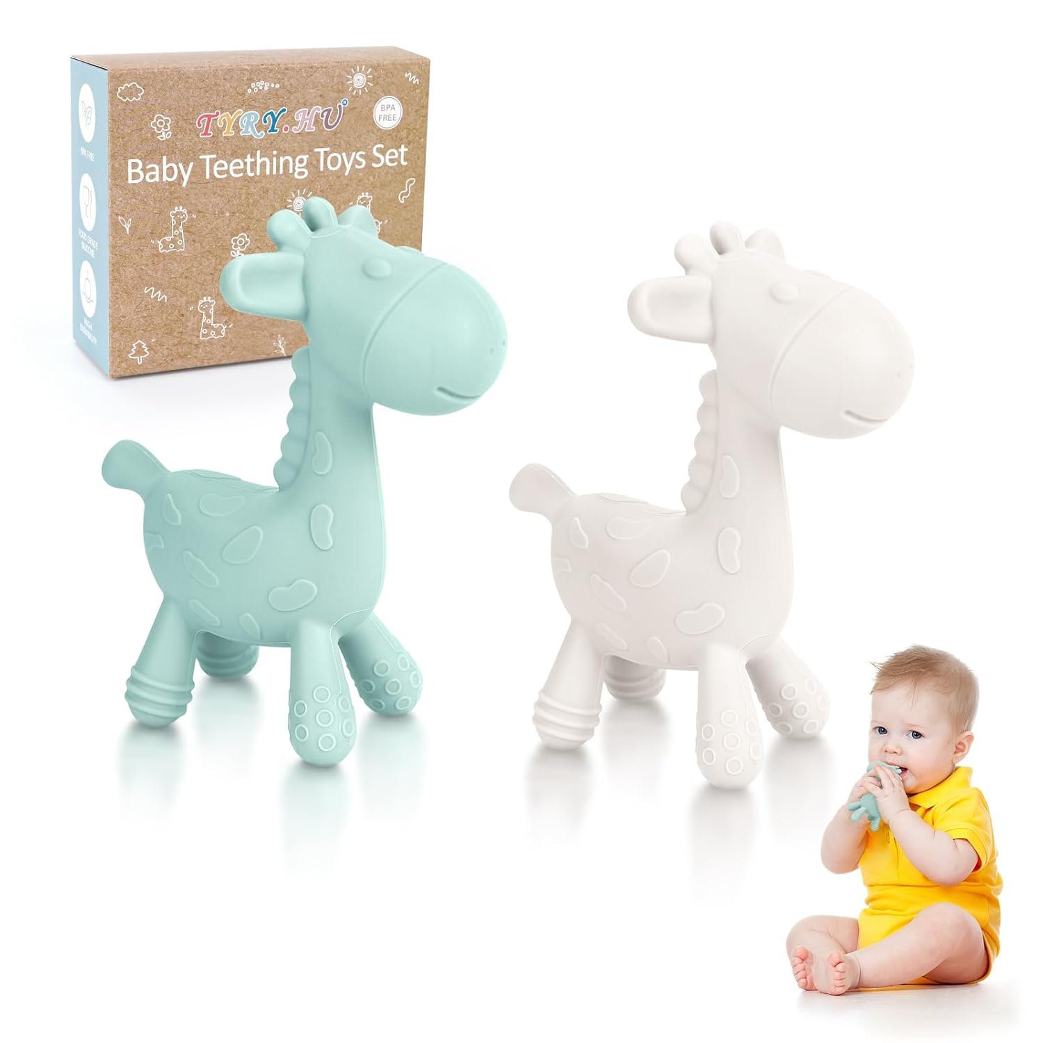 TYRY.HU Baby Teething Toys for Babies 0-6 6-12 Months,BPA Free Silicone Giraffe Teethers Toys, Soft-Textured Chew Toys, Montessori Sensory Toys for Boys Girls Teething Relief, 2 Pack