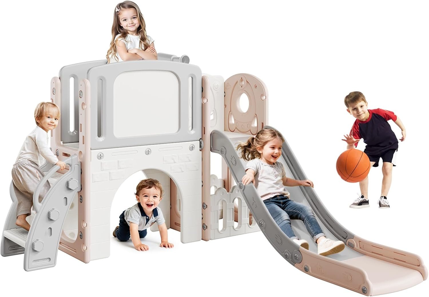8-in-1 Toddler Slide Set with Climbing Ladder, Tunnel, Telescope & Basketball Hoop, Indoor Outdoor Playground Climber with Drawing Board & Storage, Kids Play Toy for Toddlers Age 1-3,Light Pink