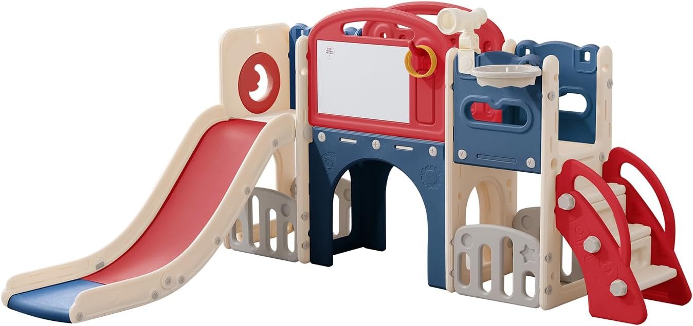 11 in 1 Toddler Playset with Telescope Playground for Toddlers 1-3 Years Telescope and Slide Set Climber Basketball Hoop Tunnel Crawl Toys for Home Indoor Outdoor Playground (Red)