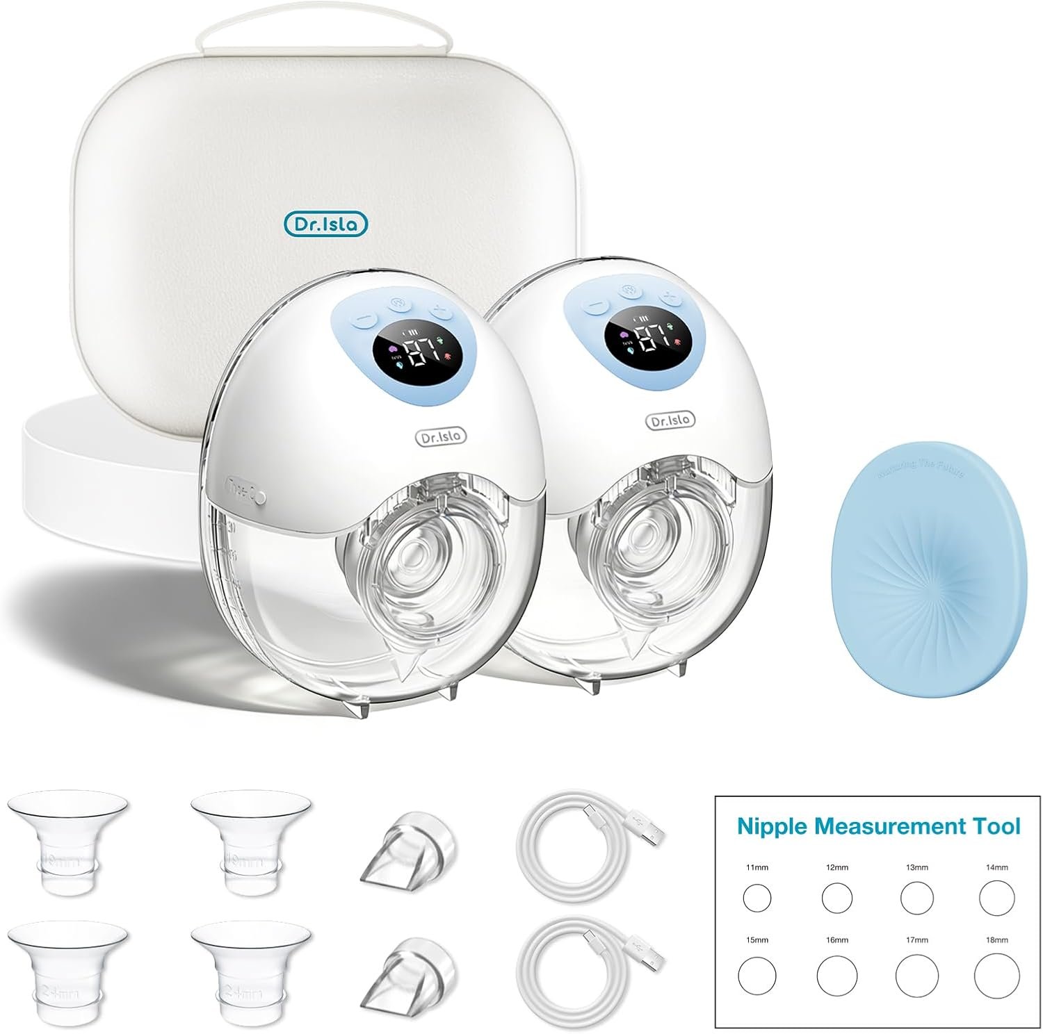 Dr.Isla Wearable Hands Free Breast Pump, Strong Suction, Low Noise, Portable Electric Breast Pump with 4 Modes & 36 Levels, Smart Display, 17/24/27mm Insert/Flange, 2 Pack,Blue