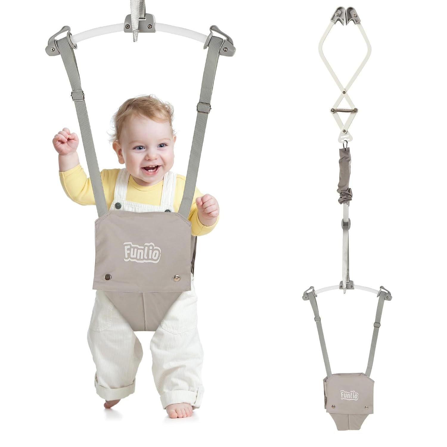 FUNLIO Baby Door Jumper for 6-24 Months (with Door Clamp), Baby Jumper Doorway with Strong Spring & Adjustable Strap, Portable Infant Baby Bouncer, Bearing 40 Lbs, CPC & CE Certified – Gray