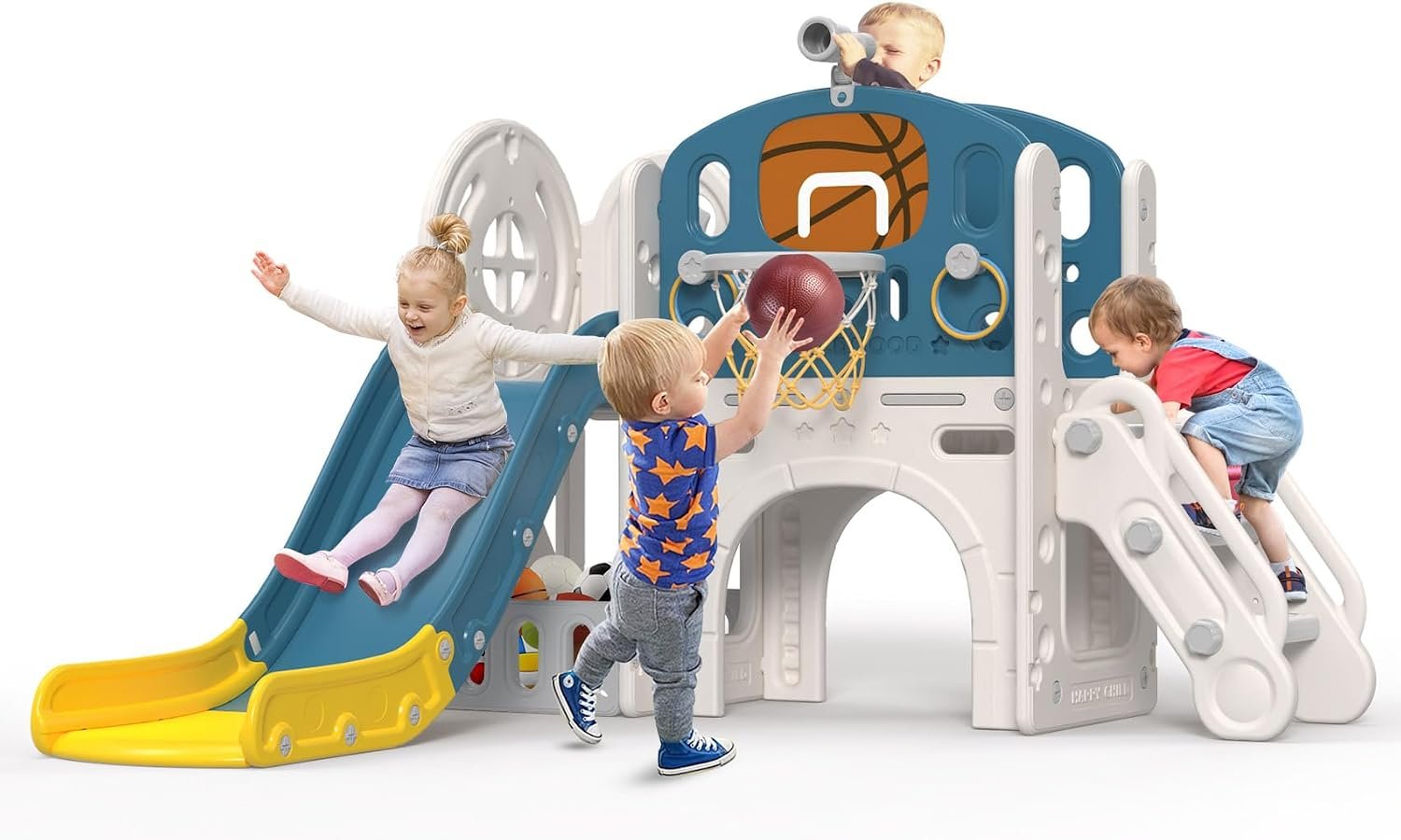 BIERUM 9 in 1 Toddler Slide, Kid Slide for Toddlers Age 1-3 with Ring Toss, Basketball Hoop, and Telescope, Indoor Outdoor Playset Playground Blue Yellow