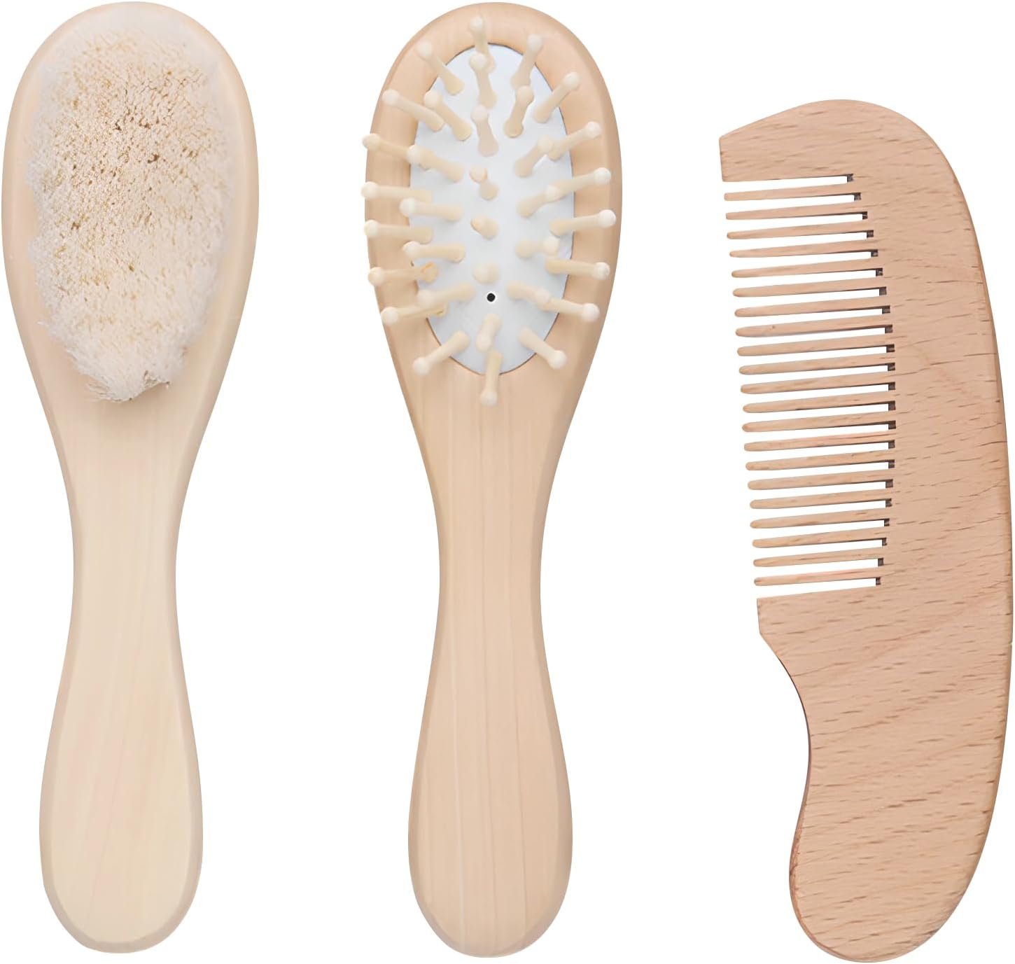 Baby Bath Grooming Kit Natural Wooden Hairbrush with Gentle Goat Bristles, Pear Wood Comb, and Soothing Massage Brush for Babies, Toddlers, and Kids