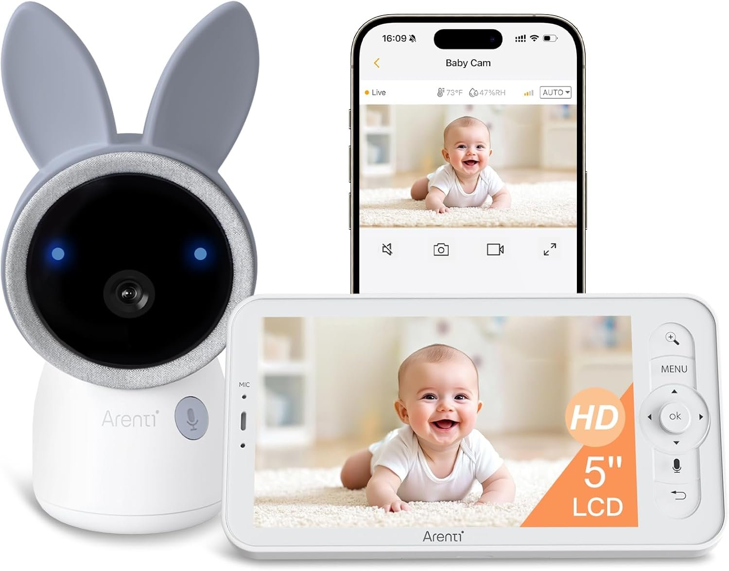 ARENTI 4MP Smart Baby Monitor with Camera and Audio, 5’’ WiFi/No-WiFi 2.4G&5G Split Screen with Night Light, Smoothing Lullabies, Cry&Motion Detection, Temp&Humidity Senor, Free APP with Motion Video