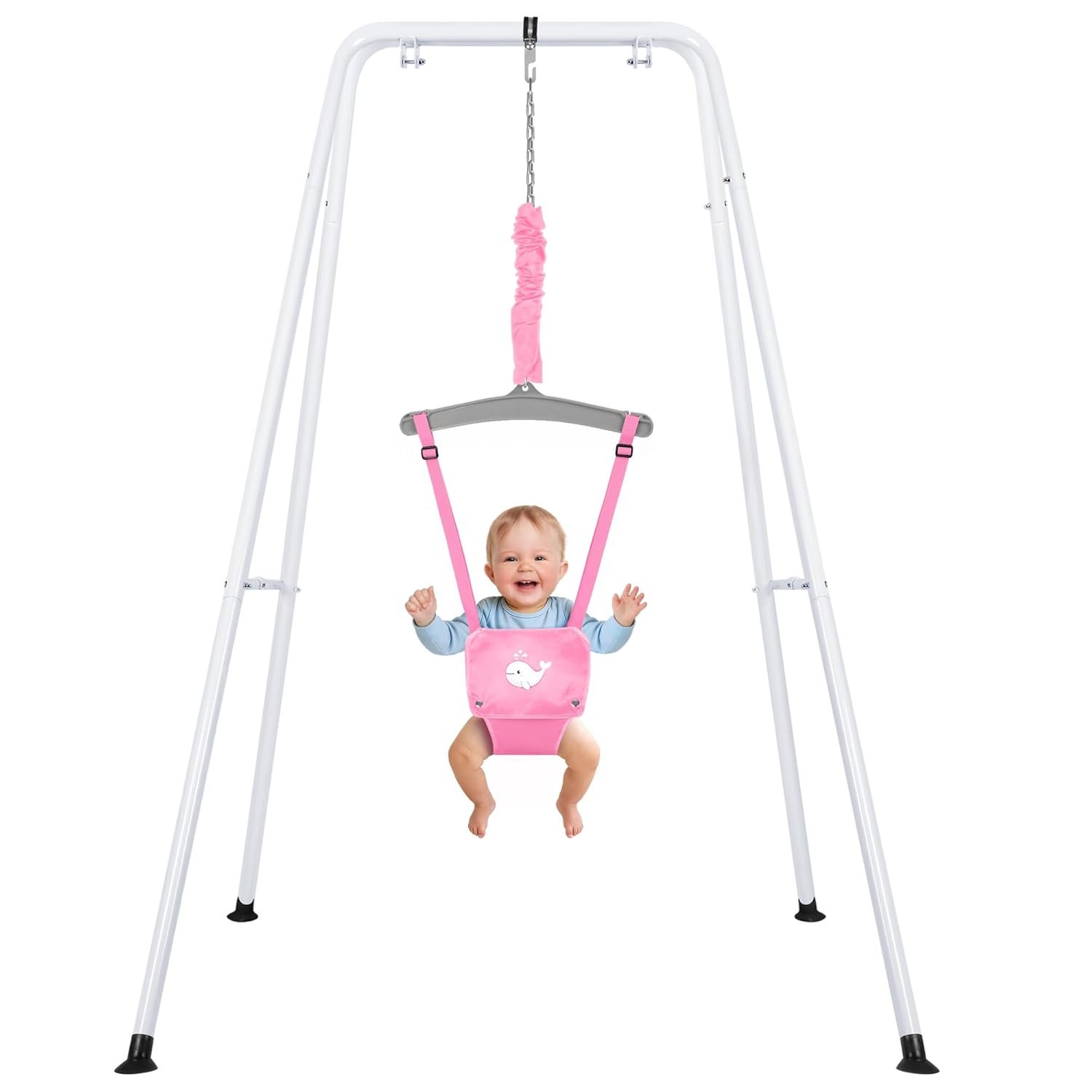 Baby Jumper with Stand, Foldable Activity Jumper for Infants, Height Adjustable Baby Bouncer No Doorway Needed Toddler Jumper, Portable Indoor Outdoor Baby Activity Center for 6-24 Months (Pink)