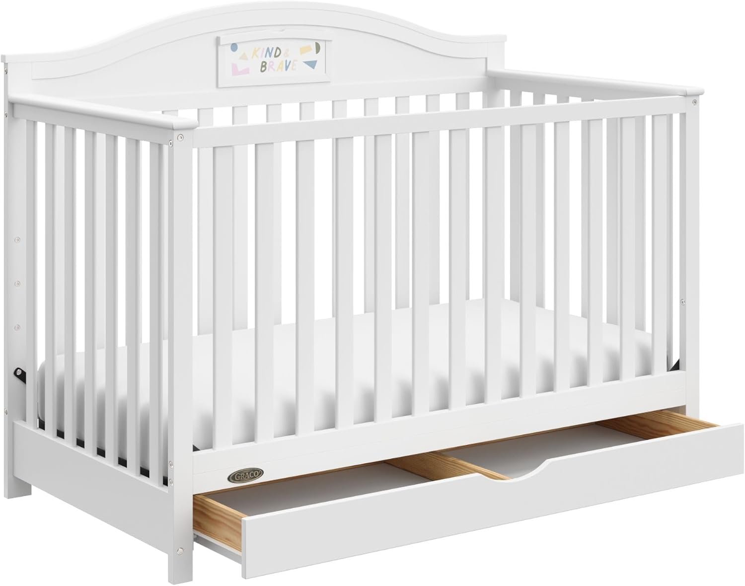 Graco Story 5-in-1 Convertible Crib with Drawer – GREENGUARD Gold Certified Wood Crib, Converts to Toddler Bed, Daybed, Full-Size Bed, Nursery Storage Drawer, Reversible Headboard (White)