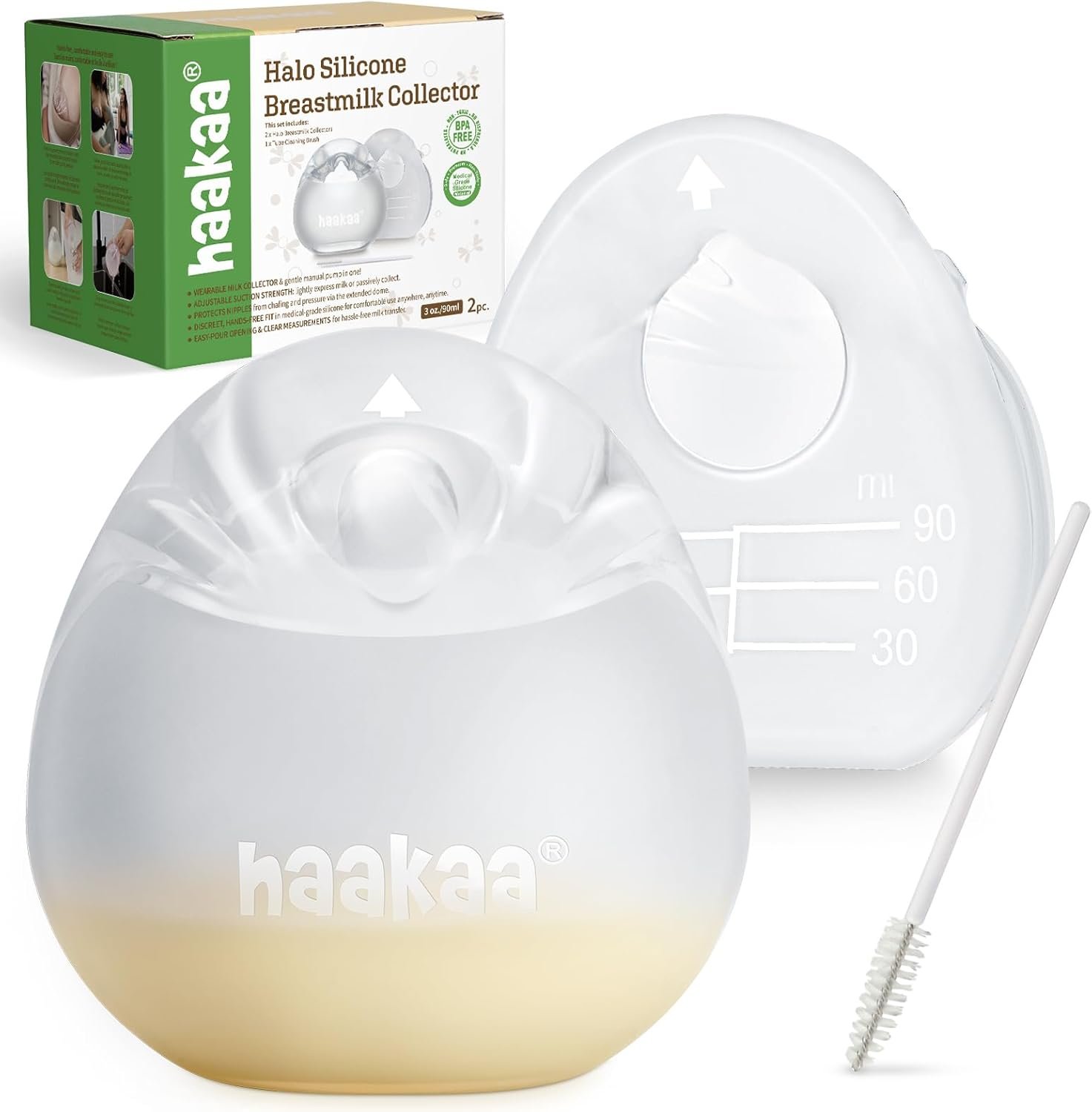 haakaa Halo Silicone Breast Milk Collector – Wearable Manual Breast Pump for Breastfeeding, Hands Free Reusable Breast Milk Shells with Cleaning Brush – 3oz/90ml, 2 Count
