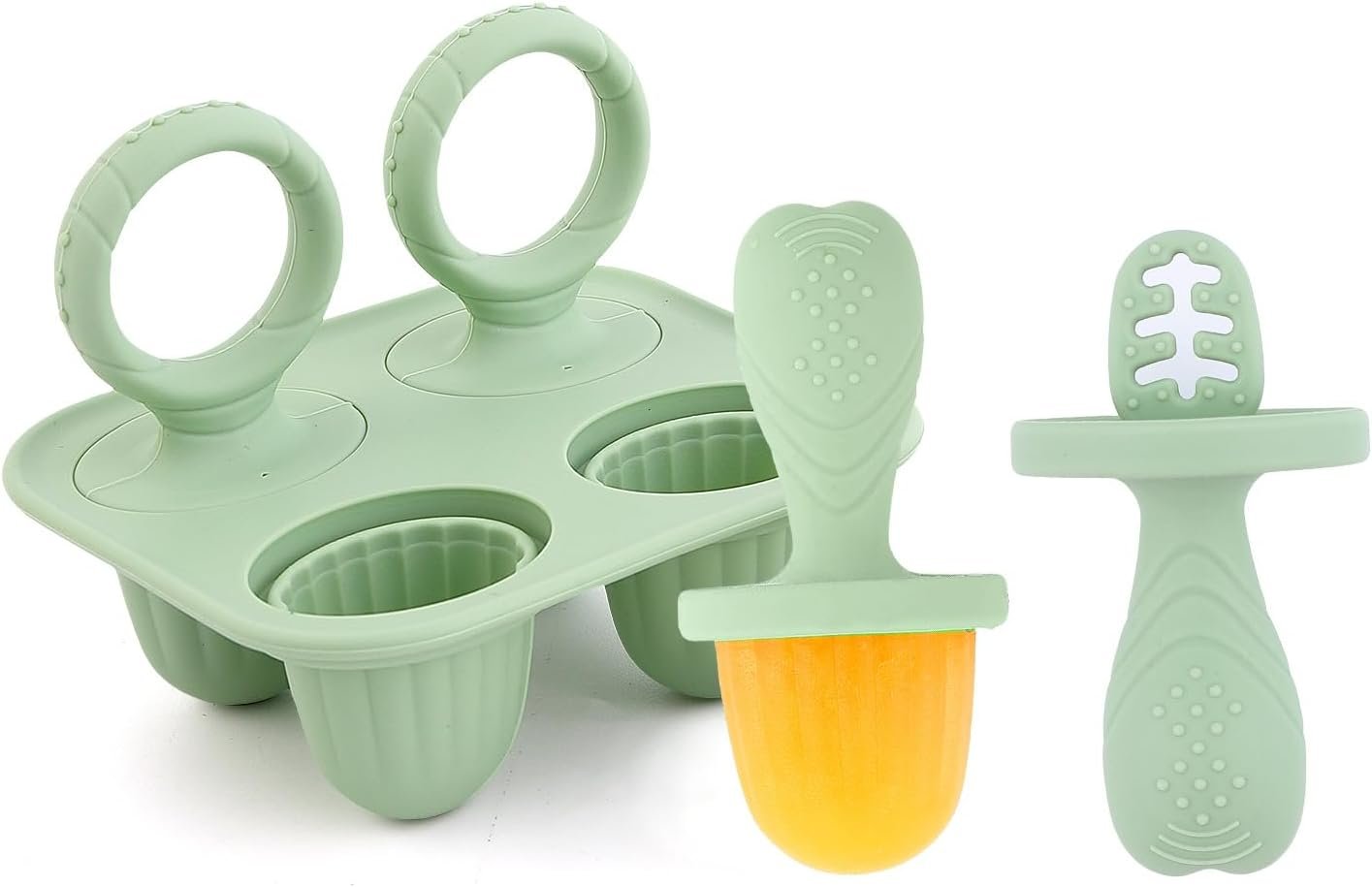 Silicone Baby Ice Pop Molds with Easy-Grip Handles, 4-Cavity Frozen Food Feeder Tray for Toddlers, Mini Popsicle Maker for Feeding Stage, Fruit Puree & Breast Milk Snacks(Olive Green)