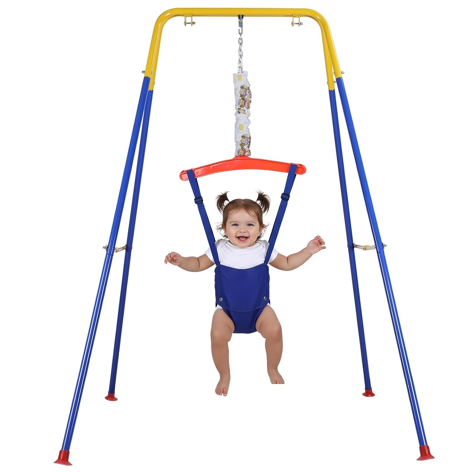 Baby Jumper with Stand, Indoor Outdoor Toddler Swing Set with Adjustable Chain, 2 in 1 Baby Jumper for Boys Girls 6-24 Months Easy to Assemble & Store A