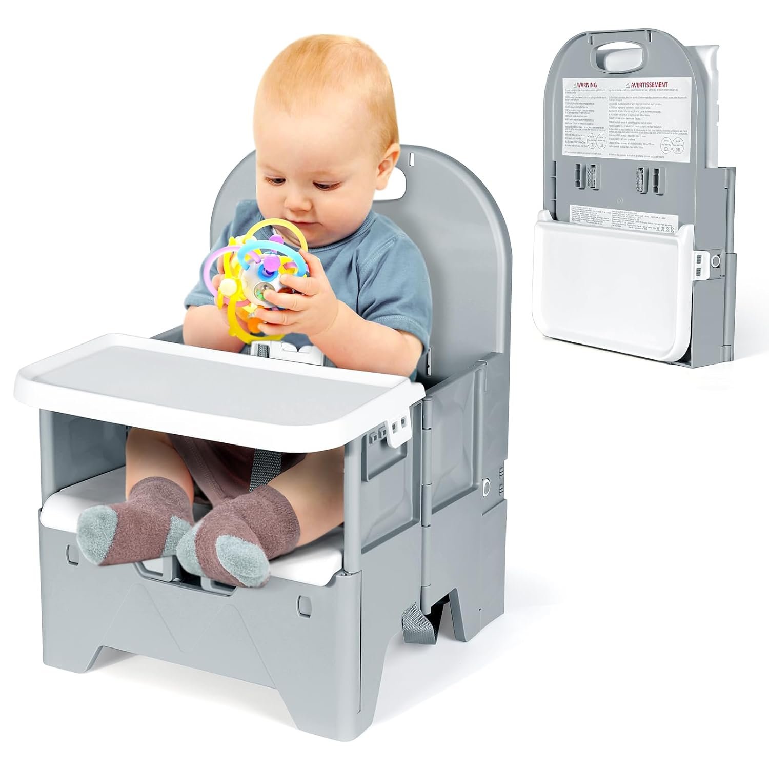 Orzbow Portable High Chair with Tray, Grey | Foldable Booster Seat, For Travel Toddlers 6-36 Months, For Dining Table, Camping, Beach, Up to 33 lbs