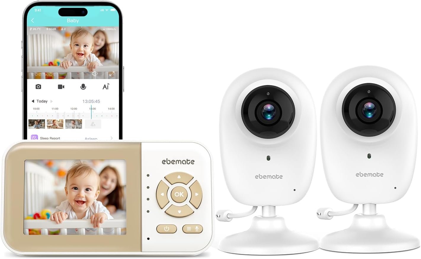 ebemate WiFi Video Baby Monitor with 2 Camera,2.8″ Display with 1500Ft Long Range,WiFi On/Off,1080P No Glow Night Vision,2-Way Talk Baby Cam Monitoring