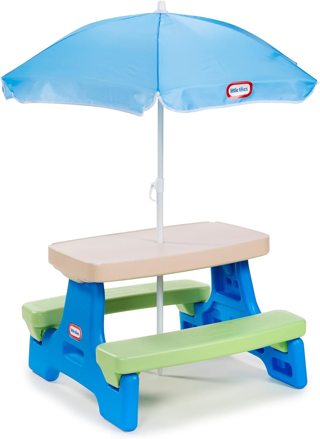 Little Tikes Easy Store Jr. Picnic Table with Umbrella – Blue / Green, 27.25”L x 27.00”W x 18.25”H