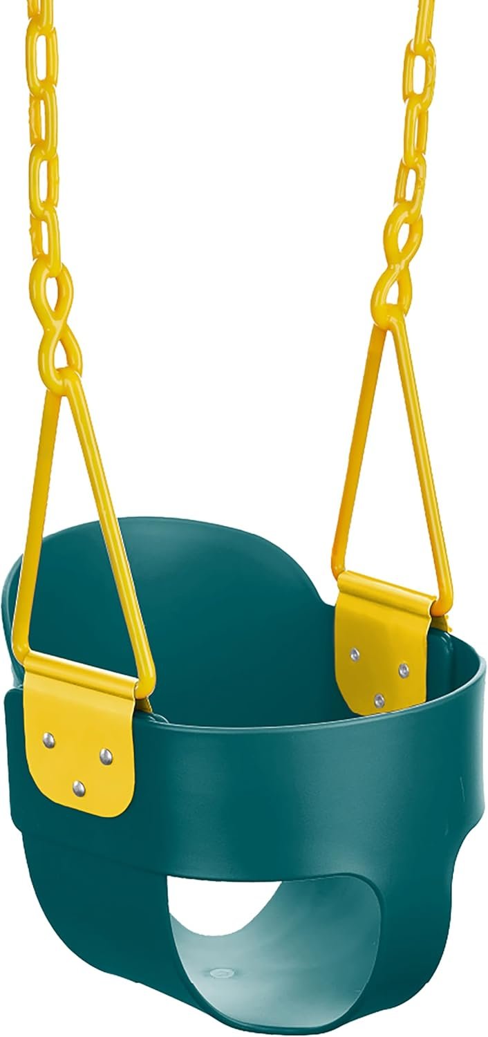 Deluxe High Back Full Bucket Toddler Swing with Pinch Protection, Green | Patented Chain and Swing Connector coating to Protect Little Fingers, by Squirrel Products