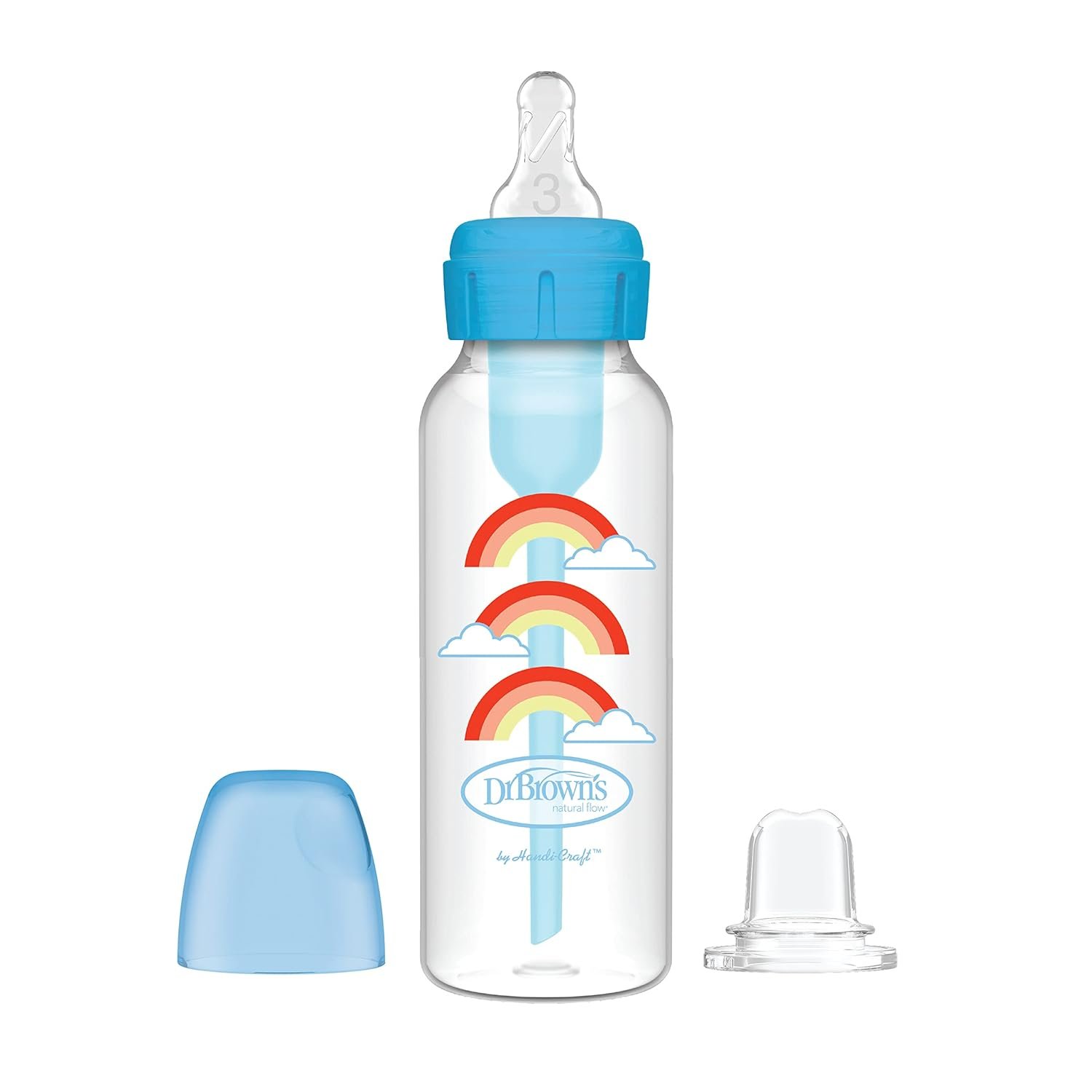 Dr. Brown’s Anti-Colic Options+ Narrow Sippy Bottle Starter Kit, 8oz/250mL, with Level 3 Medium-Fast Flow Nipple and Soft 100% Silicone Sippy Spout, Blue, BPA Free, 6m+