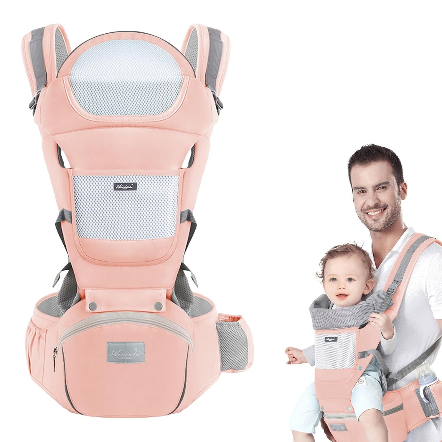 Baby Carrier with Hip Seat, Multi-Functional 9 in 1 Baby Wrap Carrier Newborn to Toddler for All Seasons Ergonomic Baby Sling Carrier Hands Free Baby Backpack Carrier 7-45 lbs (Pink)