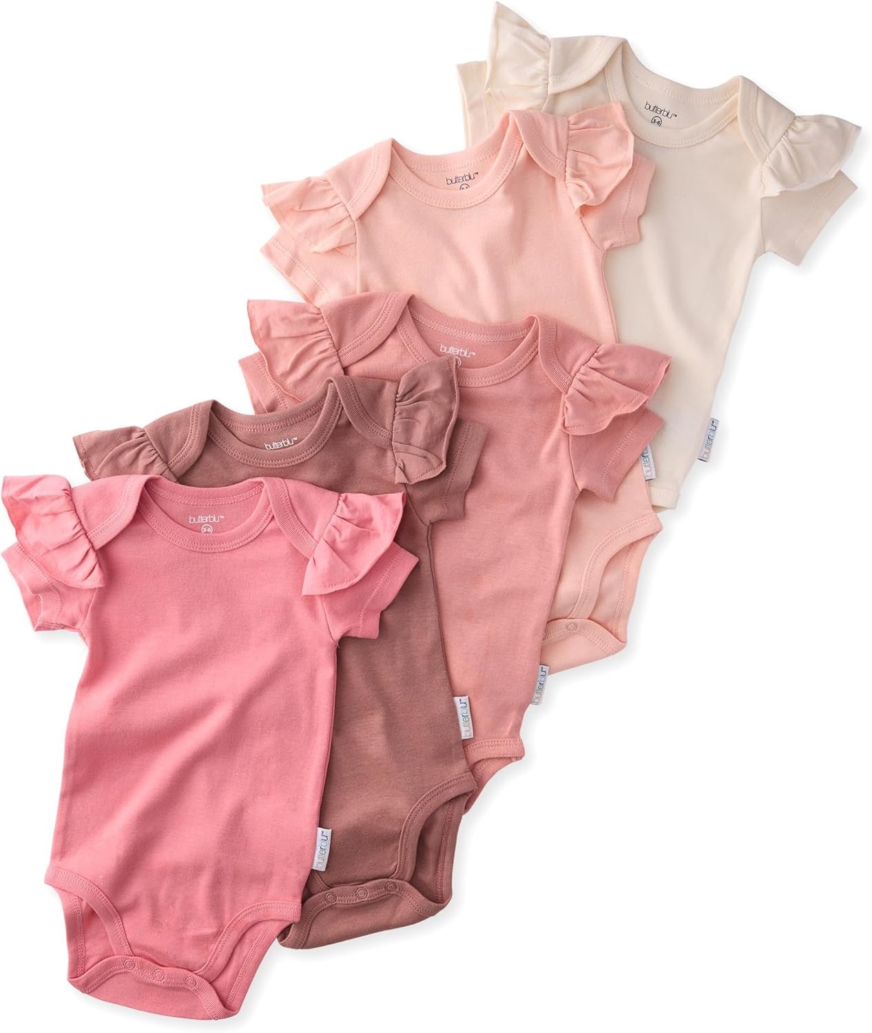 Butterblu Baby Girls’ Rory 5-pack Short Sleeve Ruffle Shoulder Bodysuits 100% Organic Cotton for Baby Girls