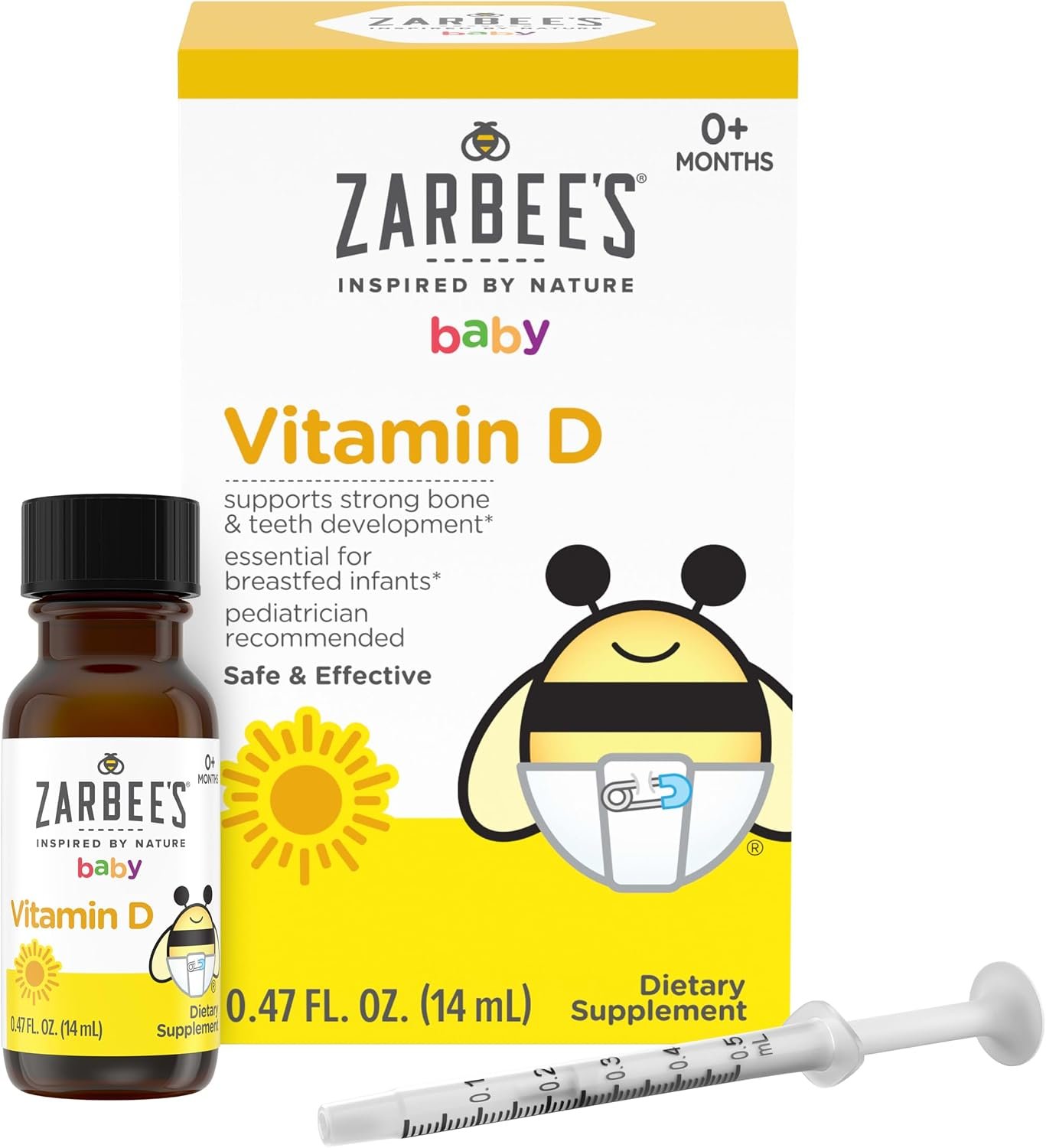 Zarbee’s Vitamin D Drops for Infants, 400IU (10mcg) Baby & Toddler Liquid Supplement, Newborn & Up, Dropper Syringe Included, 0.47 Fl Oz