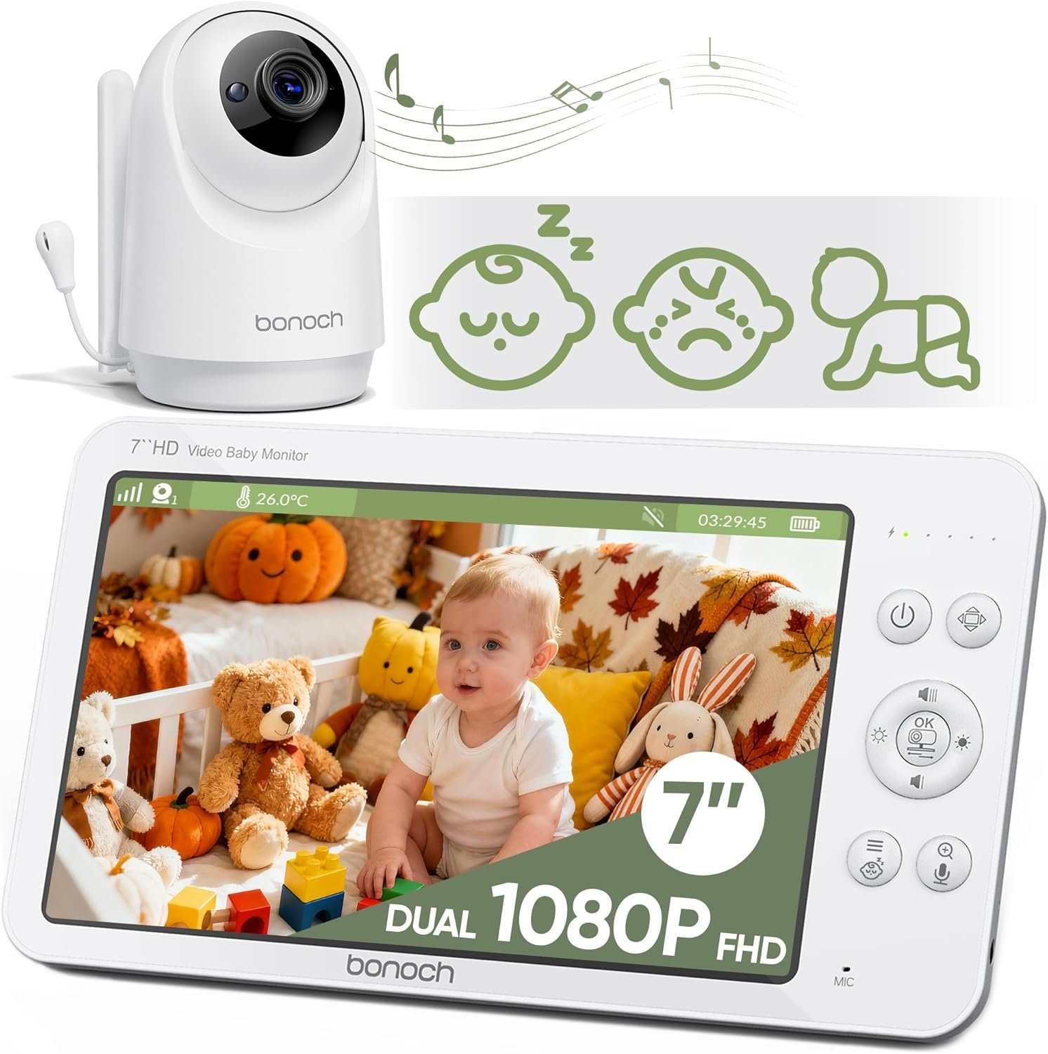 bonoch 2026 Upgraded V2.0 Baby Monitor No WiFi, 7″ 1080P MegaView Video Monitor with Camera and Audio, Sleep/Crying/Motion Detection, 6000mAh Battery, VOX Mode, Night Vision, Hack Proof, White Noise