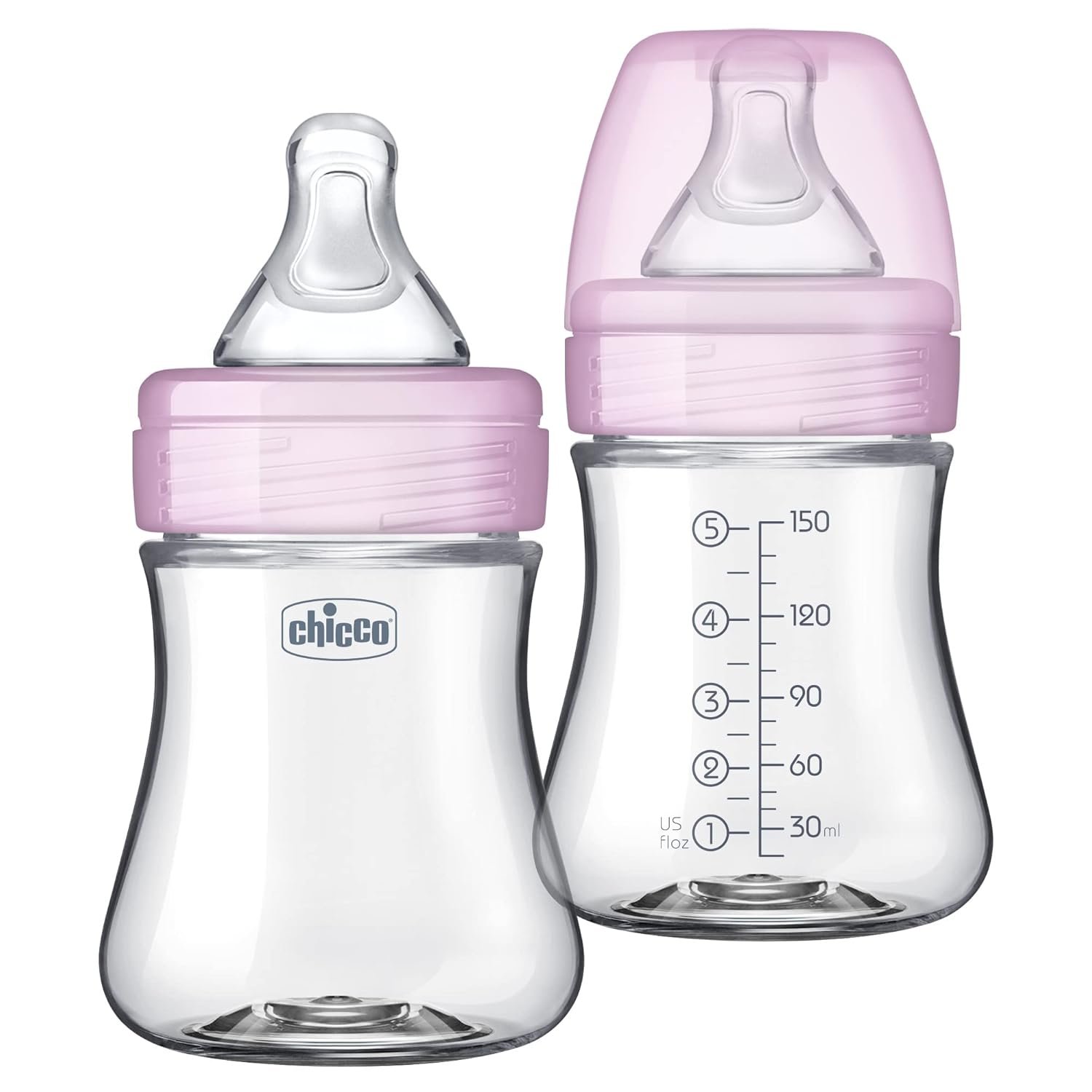 Chicco Duo 5oz Hybrid Baby Bottle, Real Glass Inside, Lightweight Plastic Outside, Patented Invinci-Glass Technology, Intui-Latch Nipple, 2-Pack, Clear/Pink