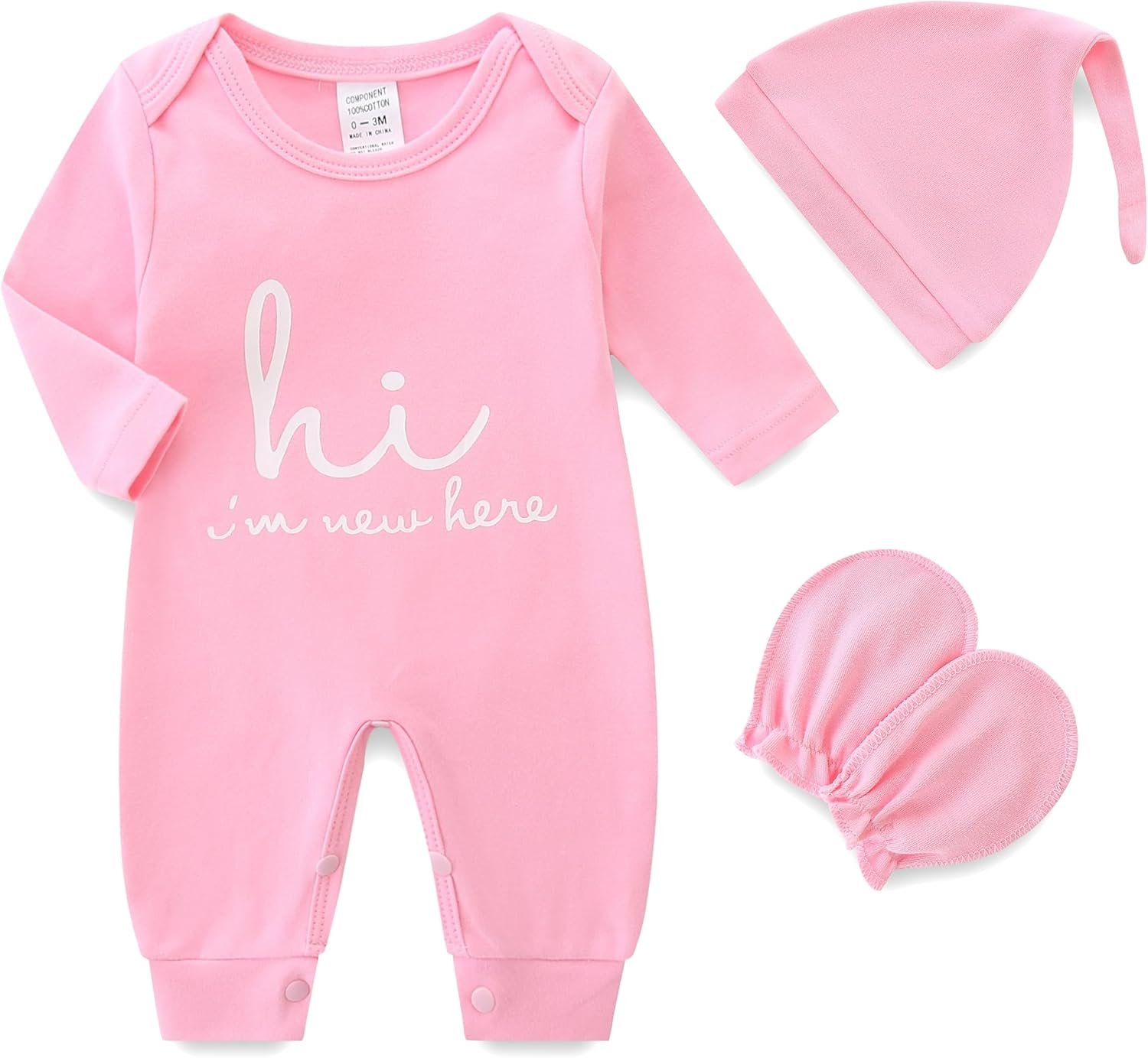Newborn Baby Romper Cotton Coming Home Outfits Hi Im New Here with Hat Gloves Long Sleeve Solid Onesie