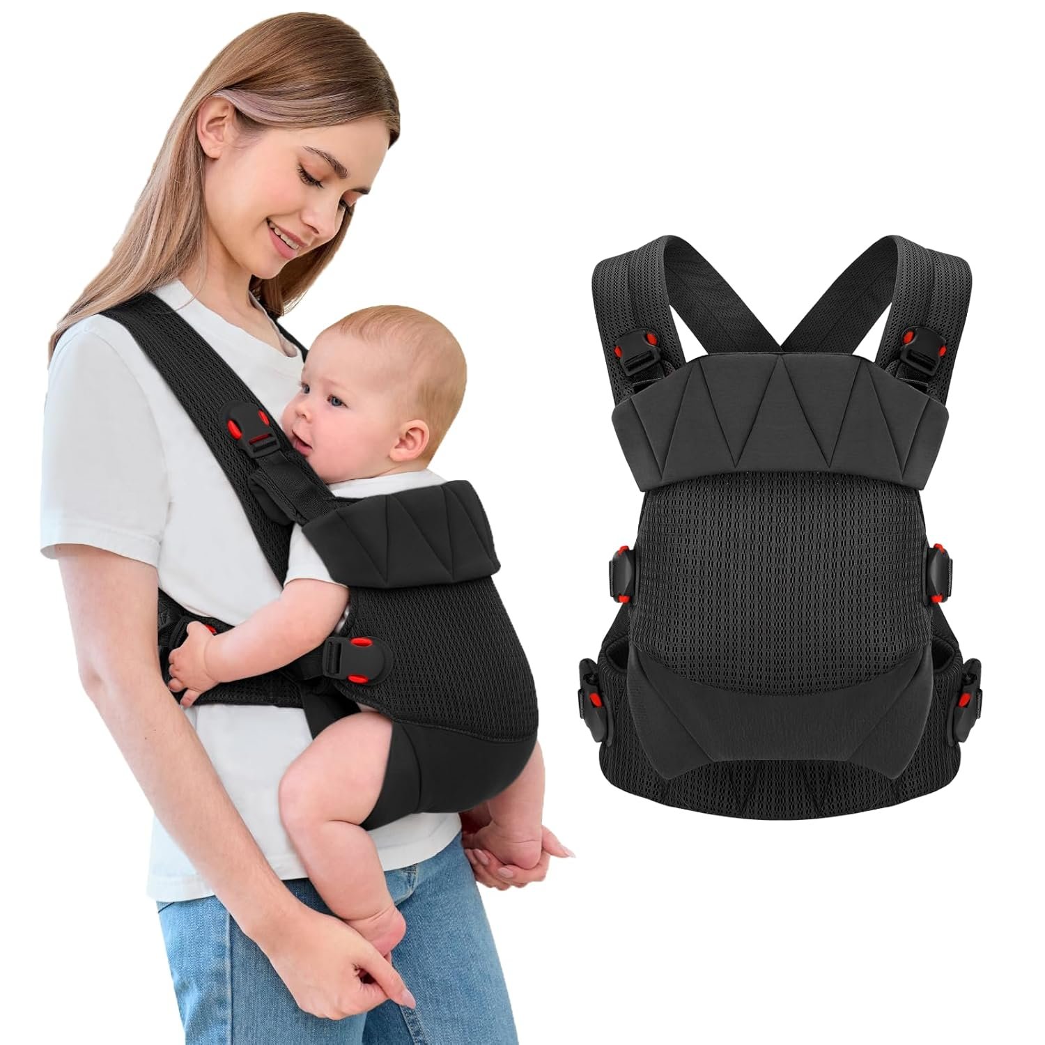 Breathable Mesh Baby Carrier, Ergonomic Design Baby Wraps Carrier with Head Support and Adjustable Sling for Newborns to Toddlers, Infant Carrier Baby Gift,for Babies 7 to 45 lbs (Black)