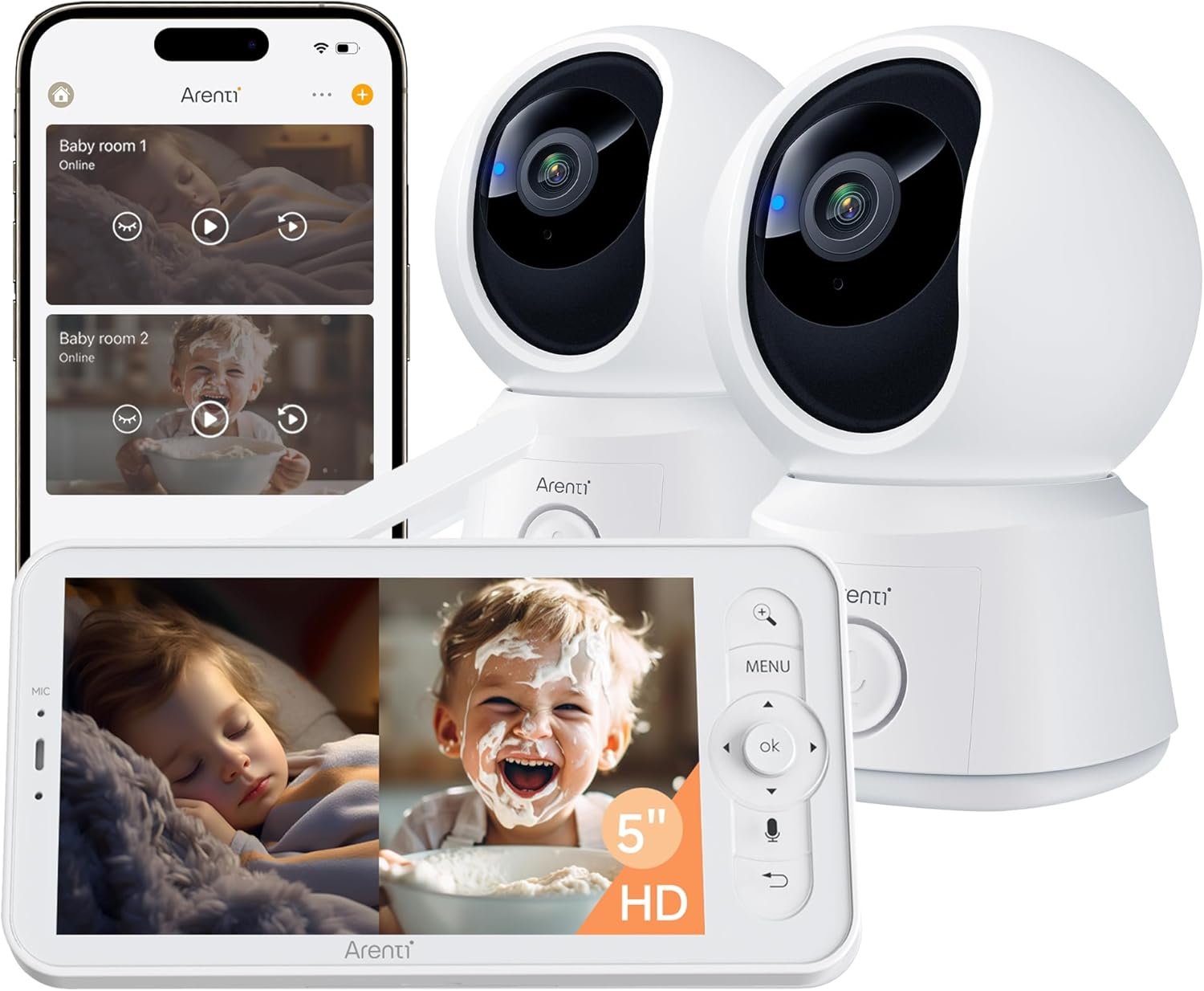 ARENTI Baby Monitor 2 Cameras, Smart Baby Camera with 5-Inch Wireless Display, Super Night Vision, Temperature Sensor, Sound Detection, Auto Motion Tracking, 2-Way Audio, VOX Mode(B2 Set)