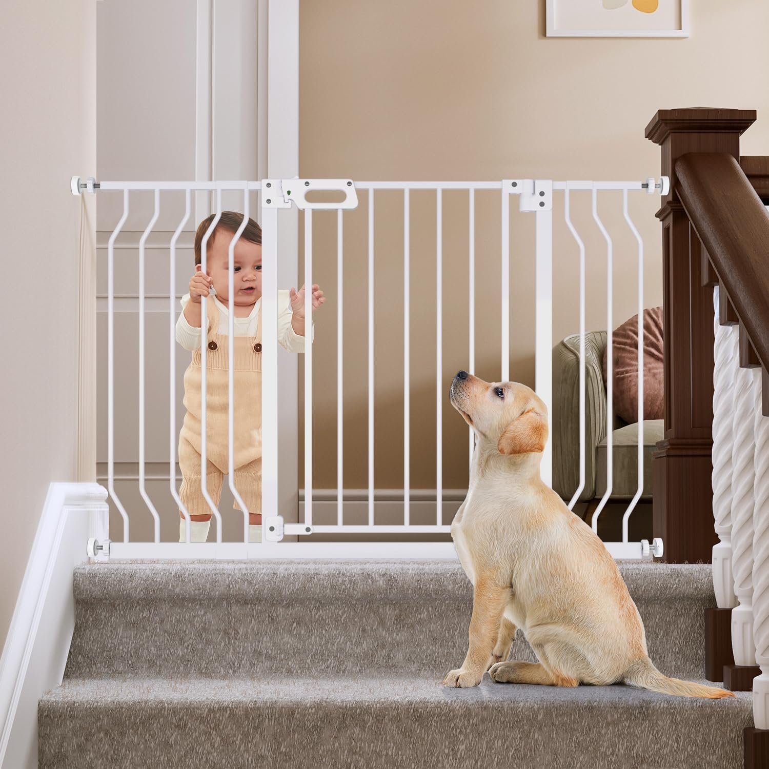 Mom’s Choice-GROWNSY Baby Gate for Stairs, 30.5″-43″ Pressure Mounted Pet Gate for Doorways-Auto Close Dog Gate for The House-Easy Installation & Walk Thru Wide Safety Gate