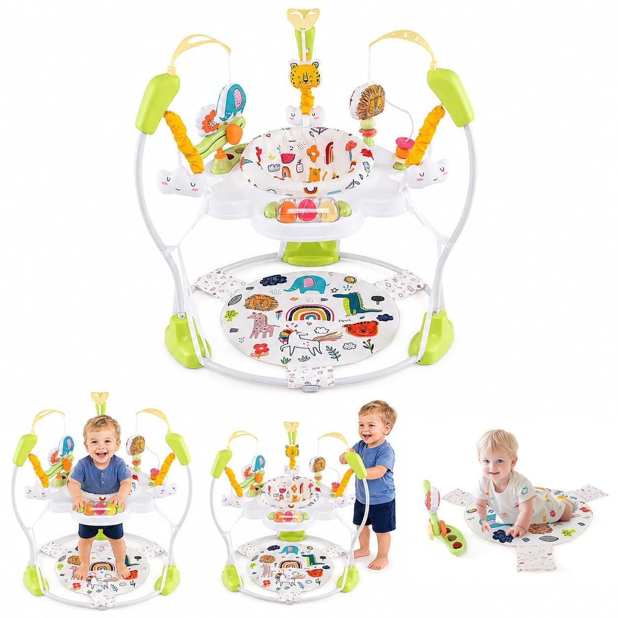 HONEY JOY Baby Bouncer Activity Center, Infant Jumper and Table w/ 360° Rotary Seat, 3 Adjustable Heights, Mat, Music, Lights, Sounds & Developmental Toys, Activity Center for Babies (Yellow)