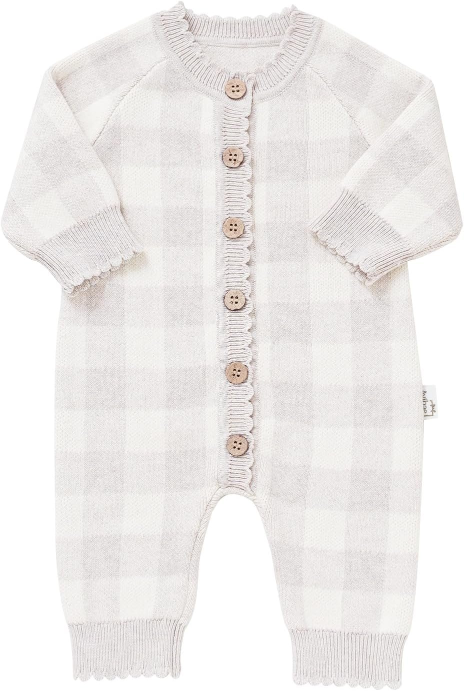 Avibae Knit Baby Sweater, Cotton Thermal Clothes for Newborn Infant, Baby Boys and Girls Plaid Romper