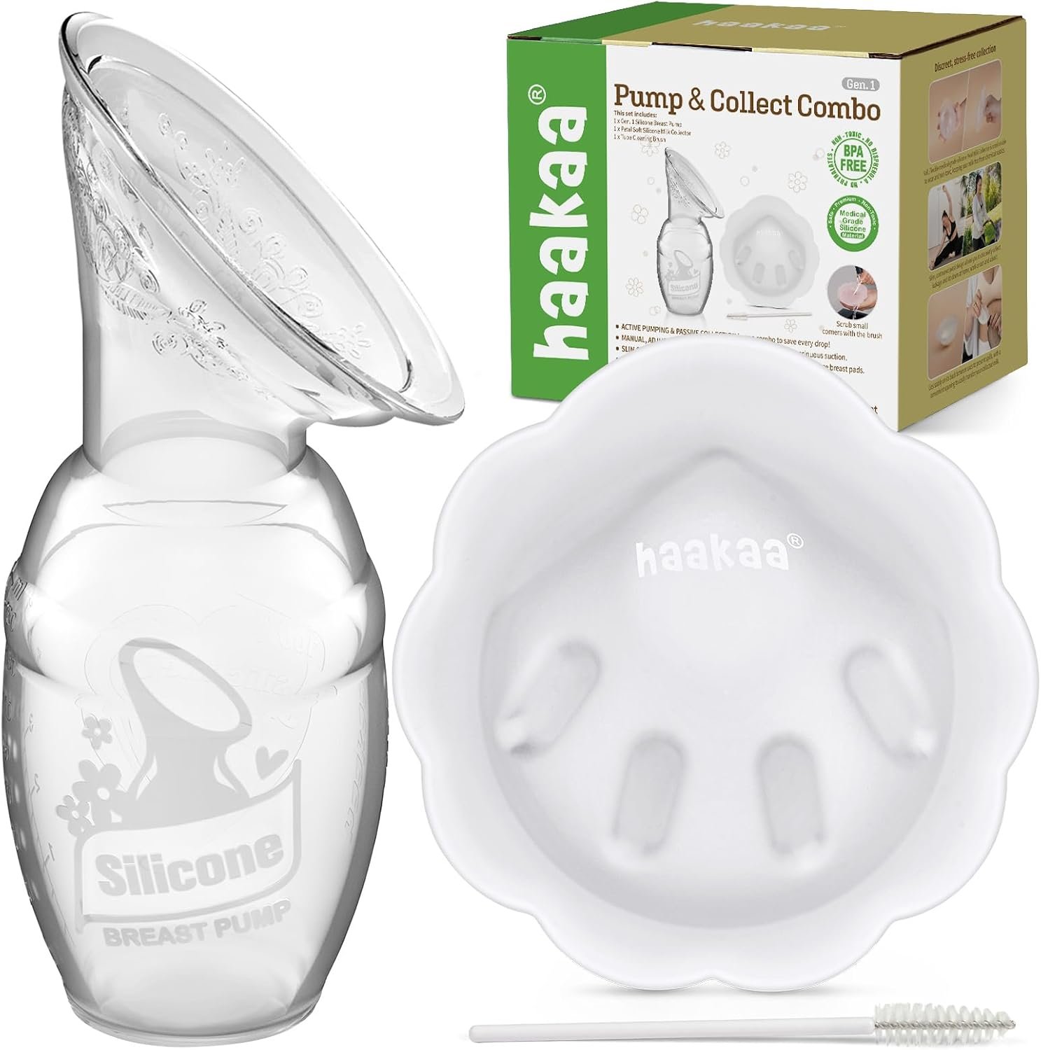 haakaa Manual Breast Pump for Breastfeeding 4oz/100ml and Petal Milk Collector Combo丨Food-Grade Silicone, Breast Milk Catcher for Leaking Milk with Cleaning Brush