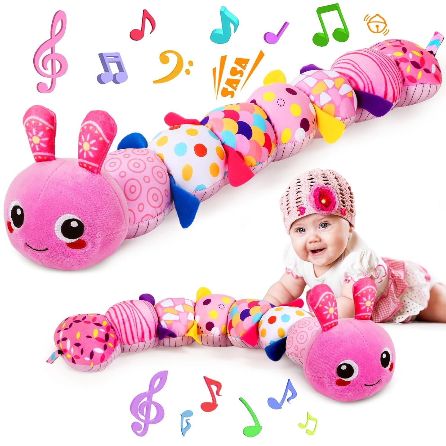 KMUYSL Baby Sensory Caterpillar Toys for 0-6 6-12 Months, Soft Plush Activity Toy with Crinkle, Rattle & Gentle Music, Tummy Time Toy for Infant Newborn, Early Development Toy Shower Gifts for Baby