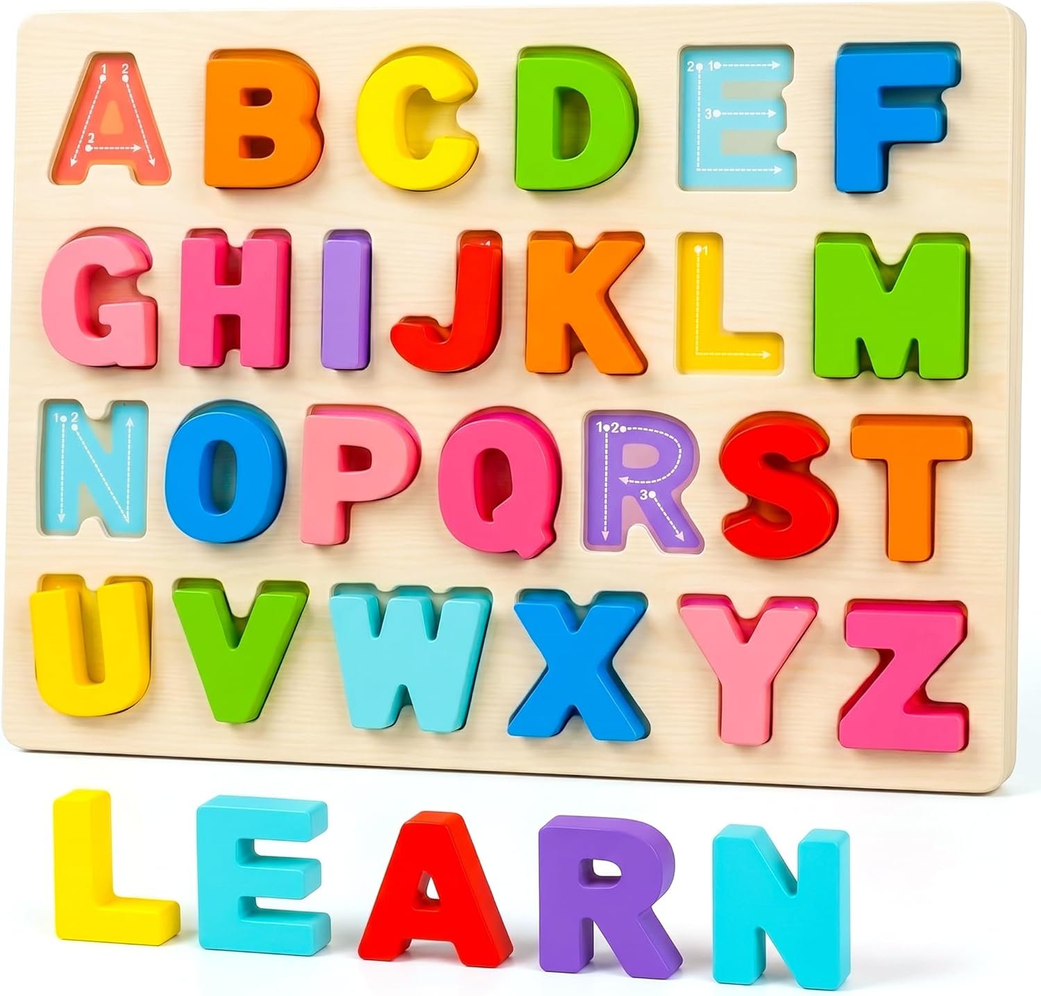 Amor Present Preschool Learning Toys,ABC Wooden Alphabet Puzzle Board for Toddlers, Educational Montessori Letters Game