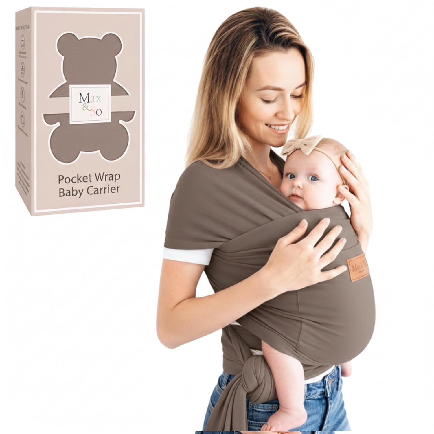 Baby Wrap Carrier – Premium Cotton Baby Carrier Wrap for Newborn to Toddler- Infant Carrier for Babies 8-35 lb – Baby Holder One Size Fits All with Front Pocket by Max&so