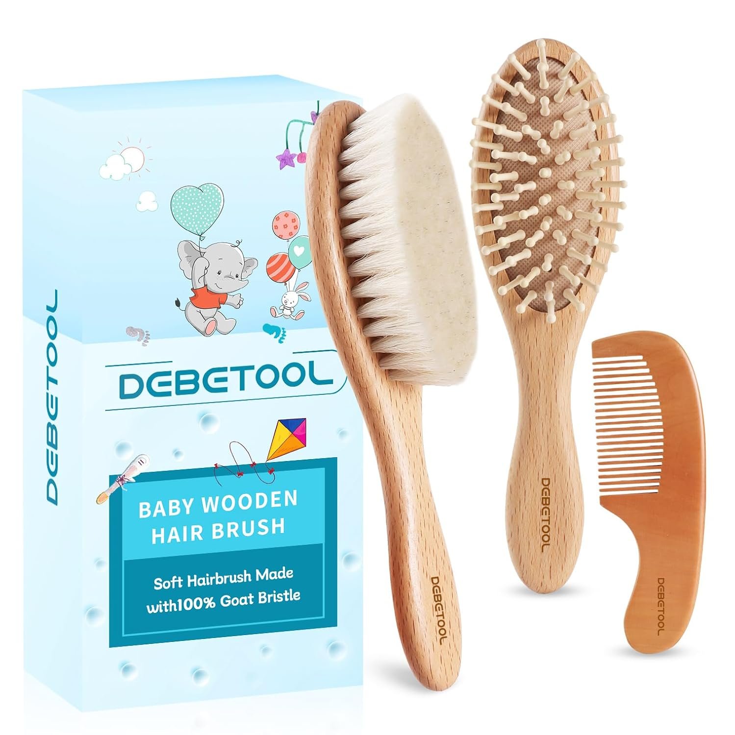 DEBETOOL Baby Hair Brush and Comb Set for Newborns & Toddlers – Wooden Baby Brush Set With Soft Goat Bristle and Toddler Comb, Ideal for Cradle Cap
