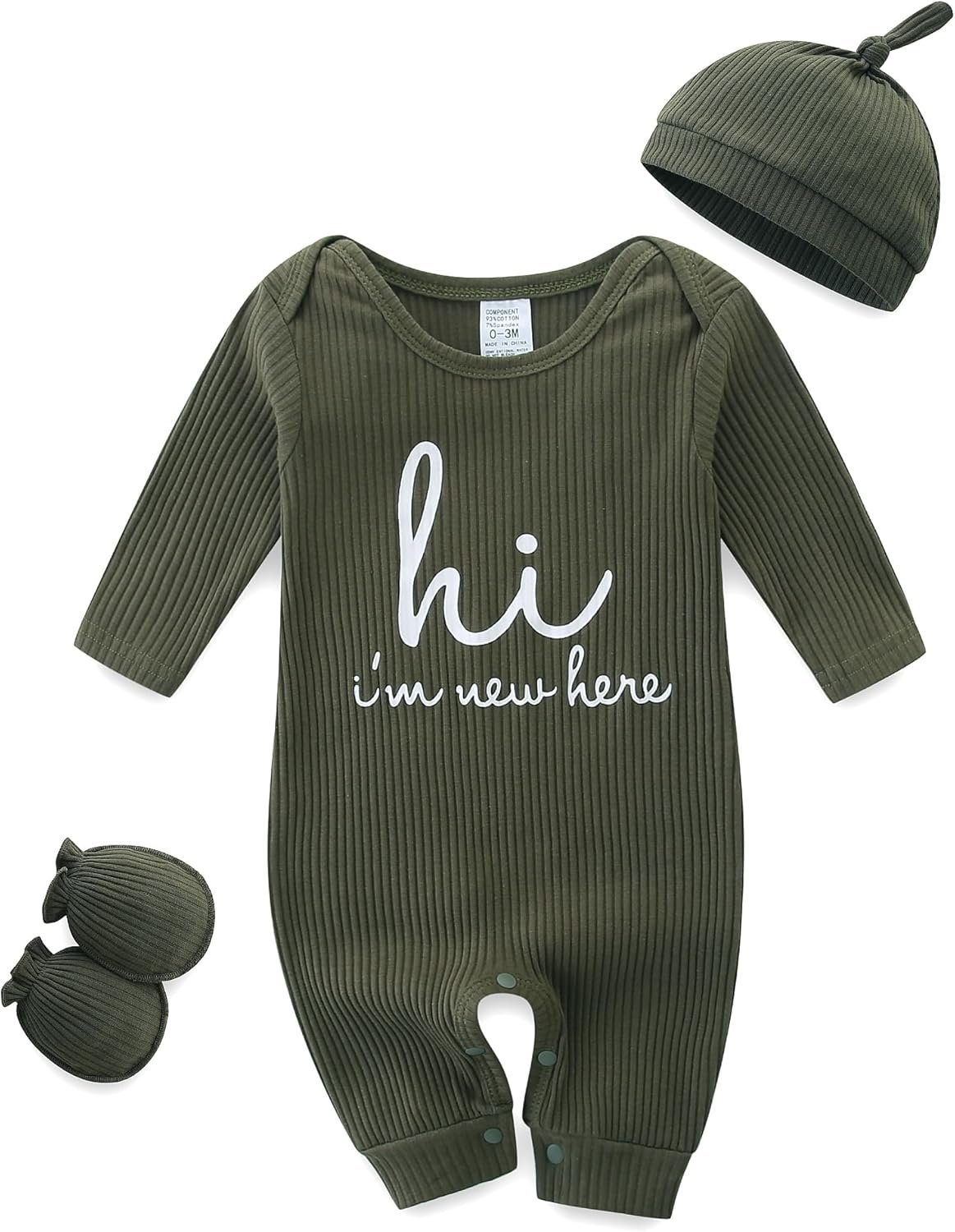 Baby Romper with Baby Mittens & Newborn Hats Footless Long Sleeve Solid Onesie Hi Im New Here