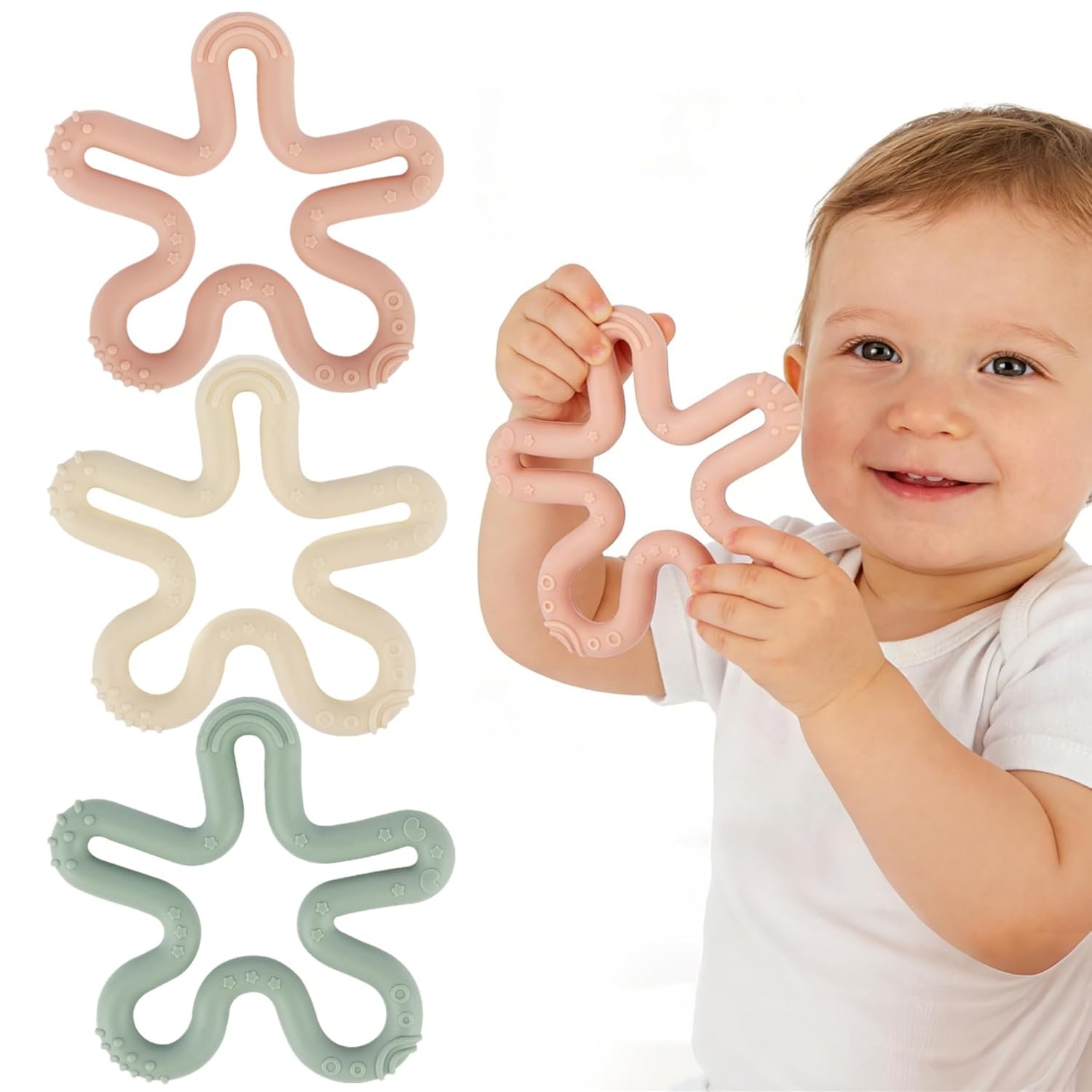 Fu Store 3 Pack Coral Flower Ring Teether Baby Teething Toys Silicone Teether Ring Toys for Babies 0-6 0-12 0-24 0-36 Months Easy to Grasp Clean Infant Teething Relief Soothing Sore Gums