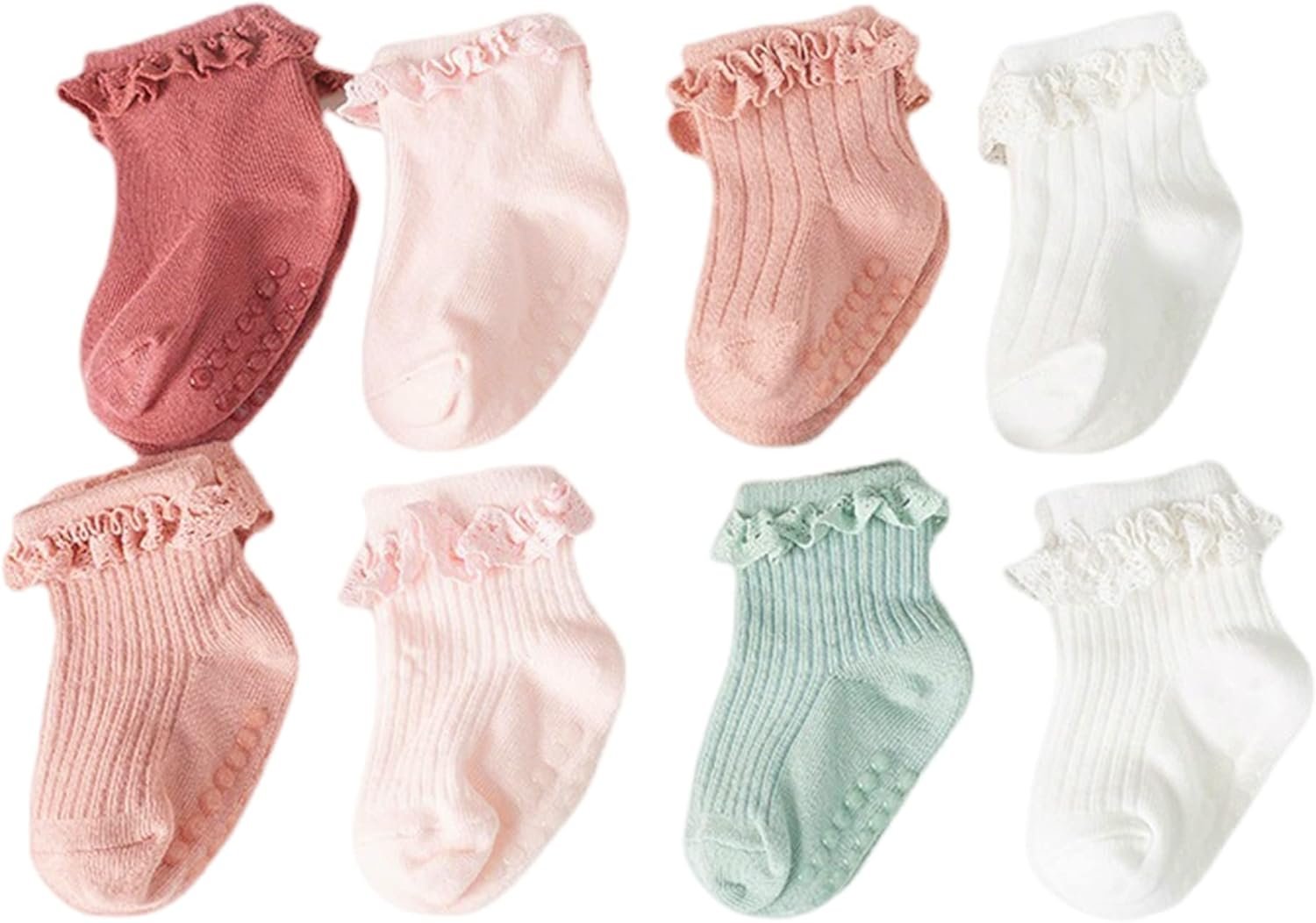 Toddler Girls Anti Slip Socks – Non Skid Frilly Ruffle Design with Grips for Baby 0-3 Years (Pack of 8)