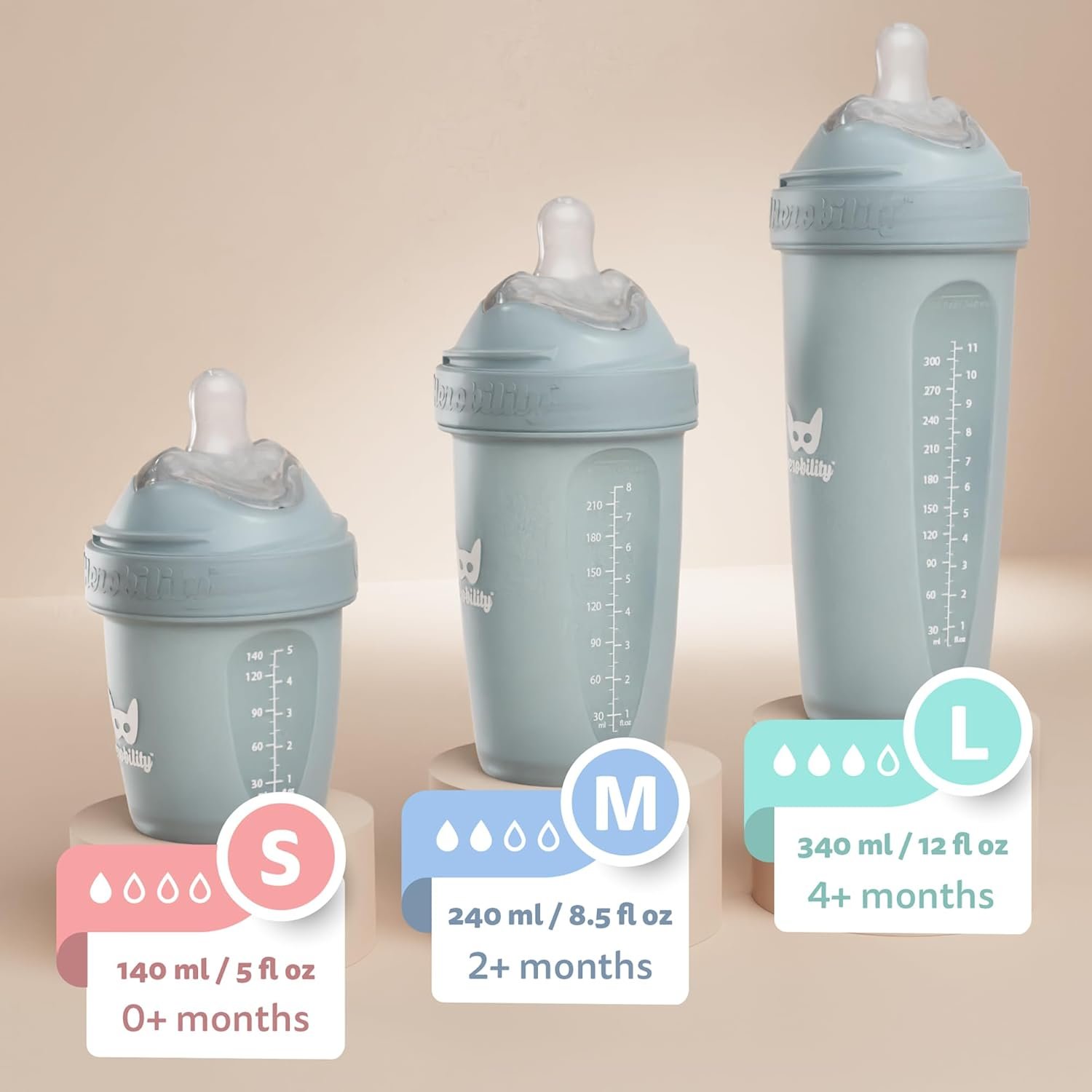 Herobility Anti-Colic Baby Bottles 8.5 fl oz/240ml – Pack of 4 Plastic Baby Bottles, Slow Flow Plastic Bottles, Breast-Shaped Teat for Breastfed Babies, – Multicolor – White, Gray, Iron Blue, Blue